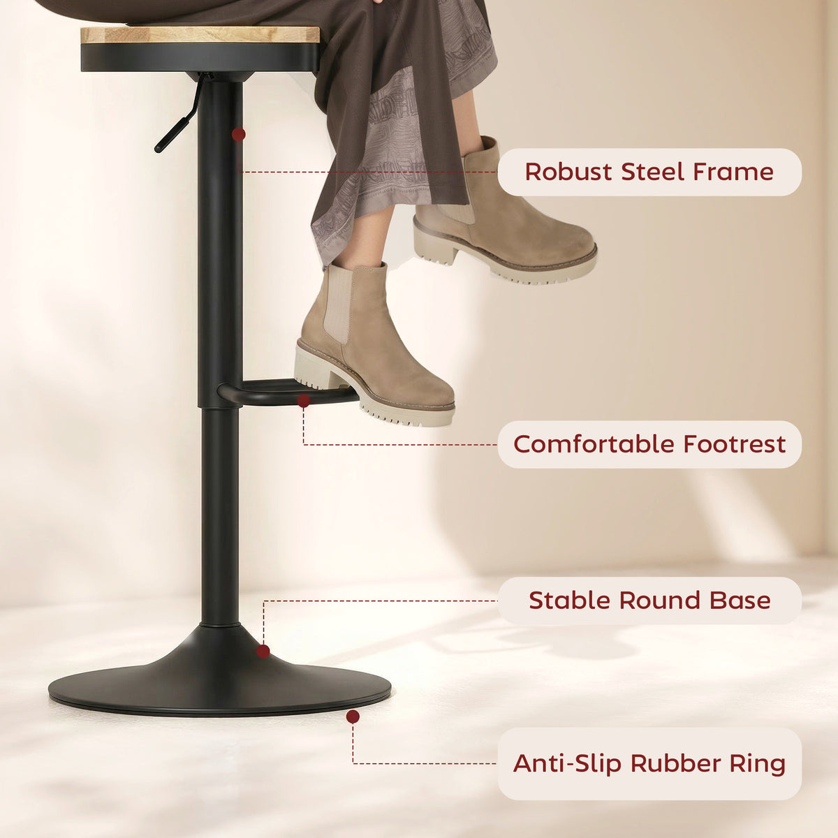 Set of 2 Swivel Bar Stools - Adjustable Wood and Steel-Home Furnishings > Kitchen & Dining Furniture > Bar Stools-DECOROLALA