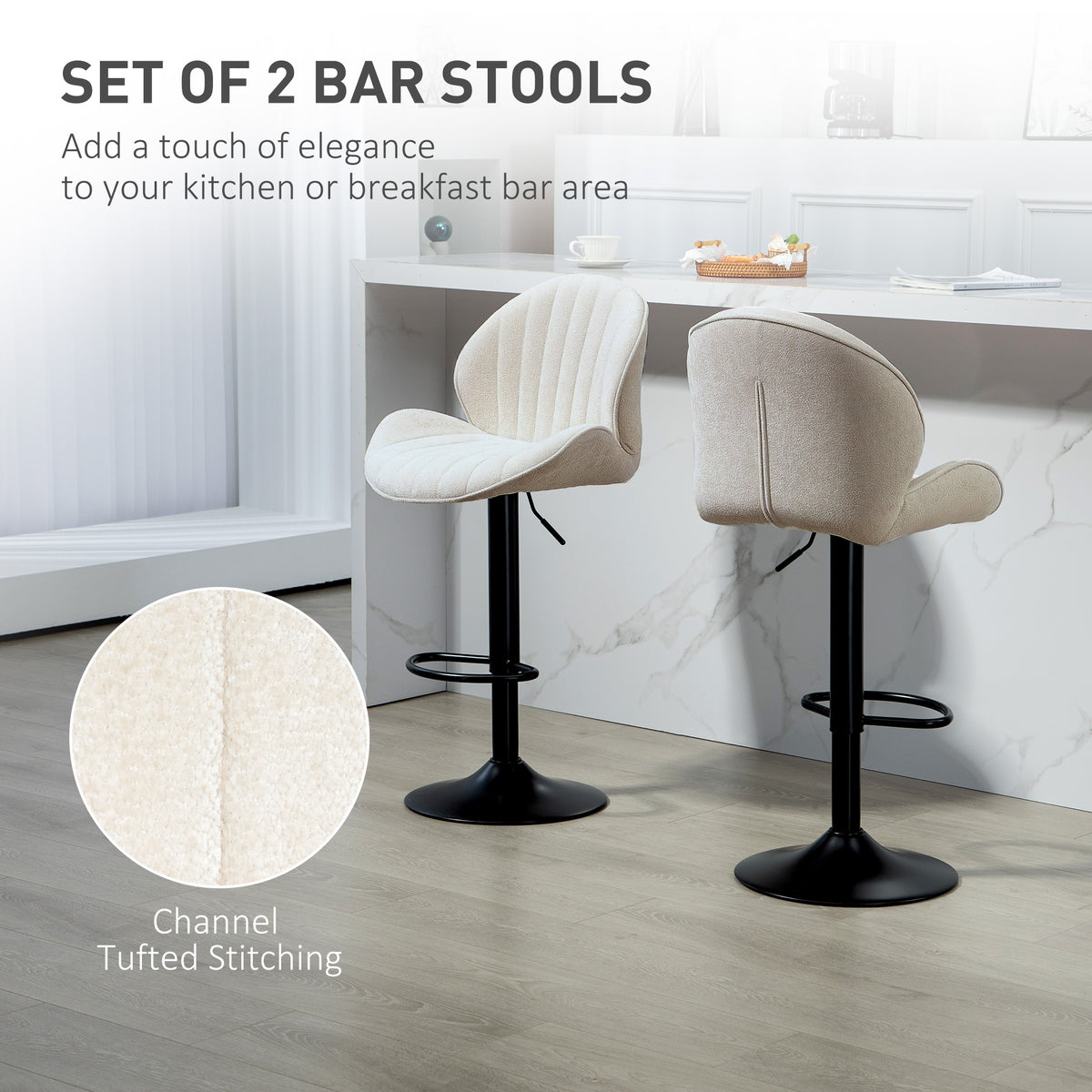 Set of 2 Swivel Bar Stools - Beige Chenille Adjustable Height-Home Furnishings > Kitchen & Dining Furniture > Bar Stools-DECOROLALA