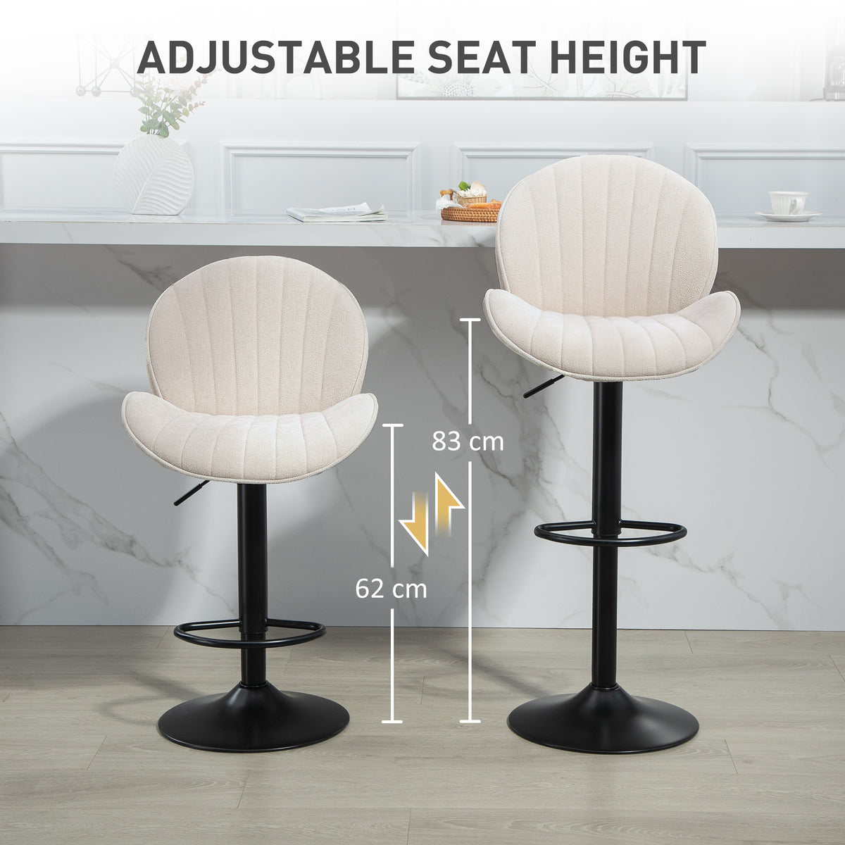Set of 2 Swivel Bar Stools - Beige Chenille Adjustable Height-Home Furnishings > Kitchen & Dining Furniture > Bar Stools-DECOROLALA
