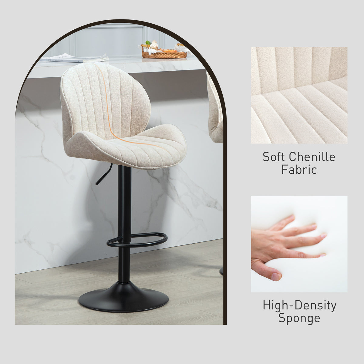 Set of 2 Swivel Bar Stools - Beige Chenille Adjustable Height-Home Furnishings > Kitchen & Dining Furniture > Bar Stools-DECOROLALA