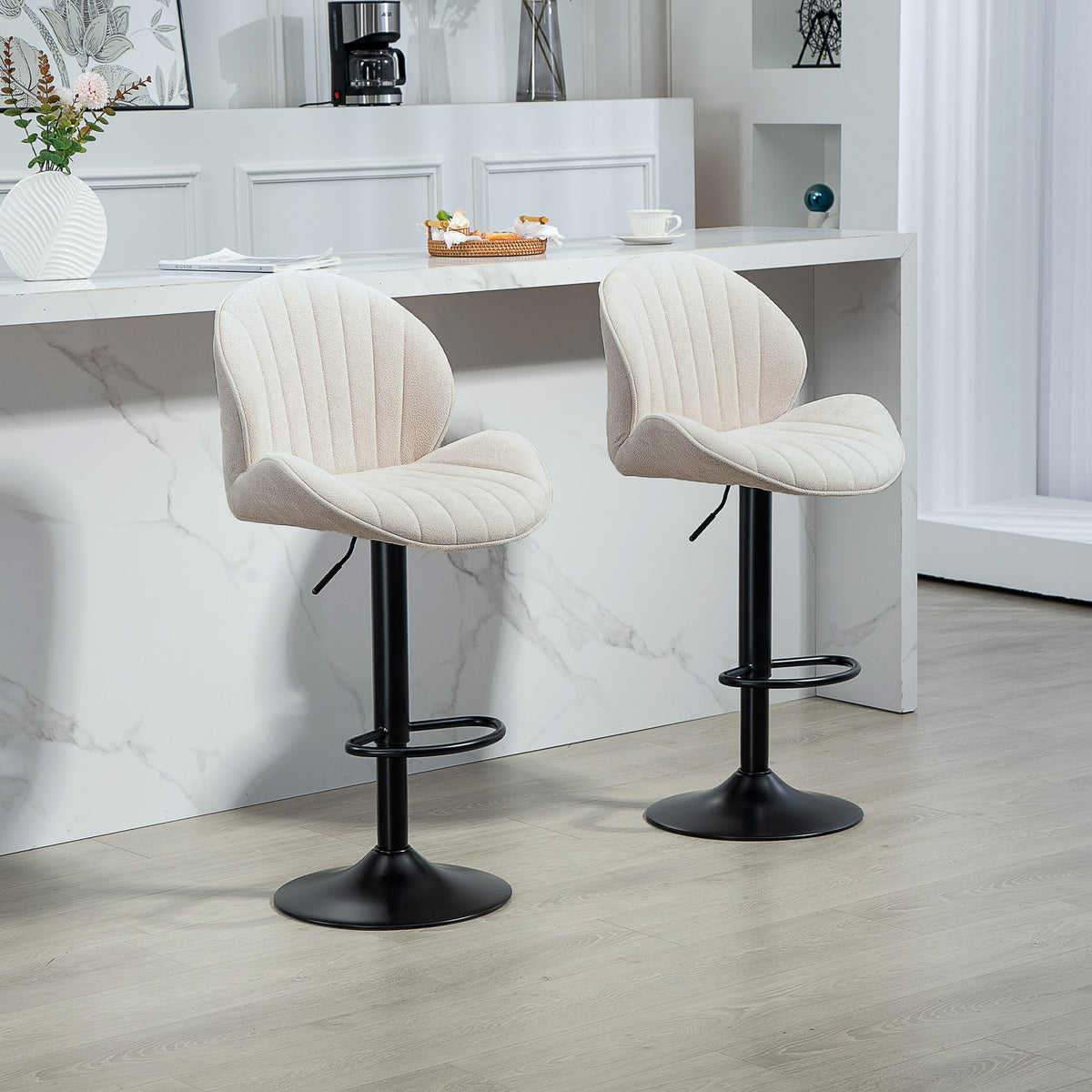 Set of 2 Swivel Bar Stools - Beige Chenille Adjustable Height-Home Furnishings > Kitchen & Dining Furniture > Bar Stools-DECOROLALA