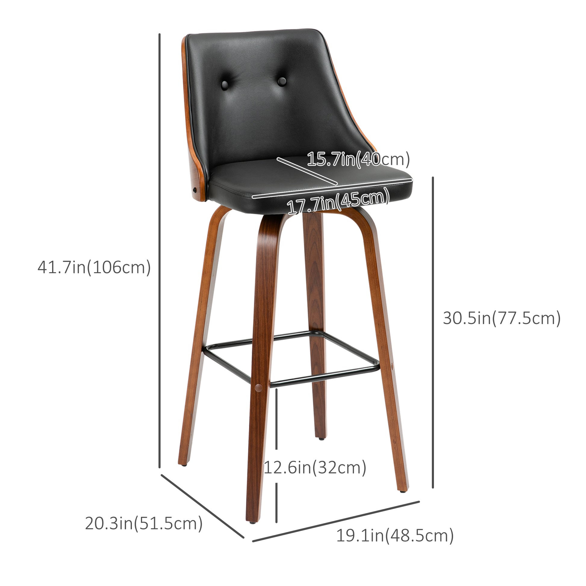 Set of 2 Swivel Bar Stools - Black PU Leather Wood Legs-DECOROLALA