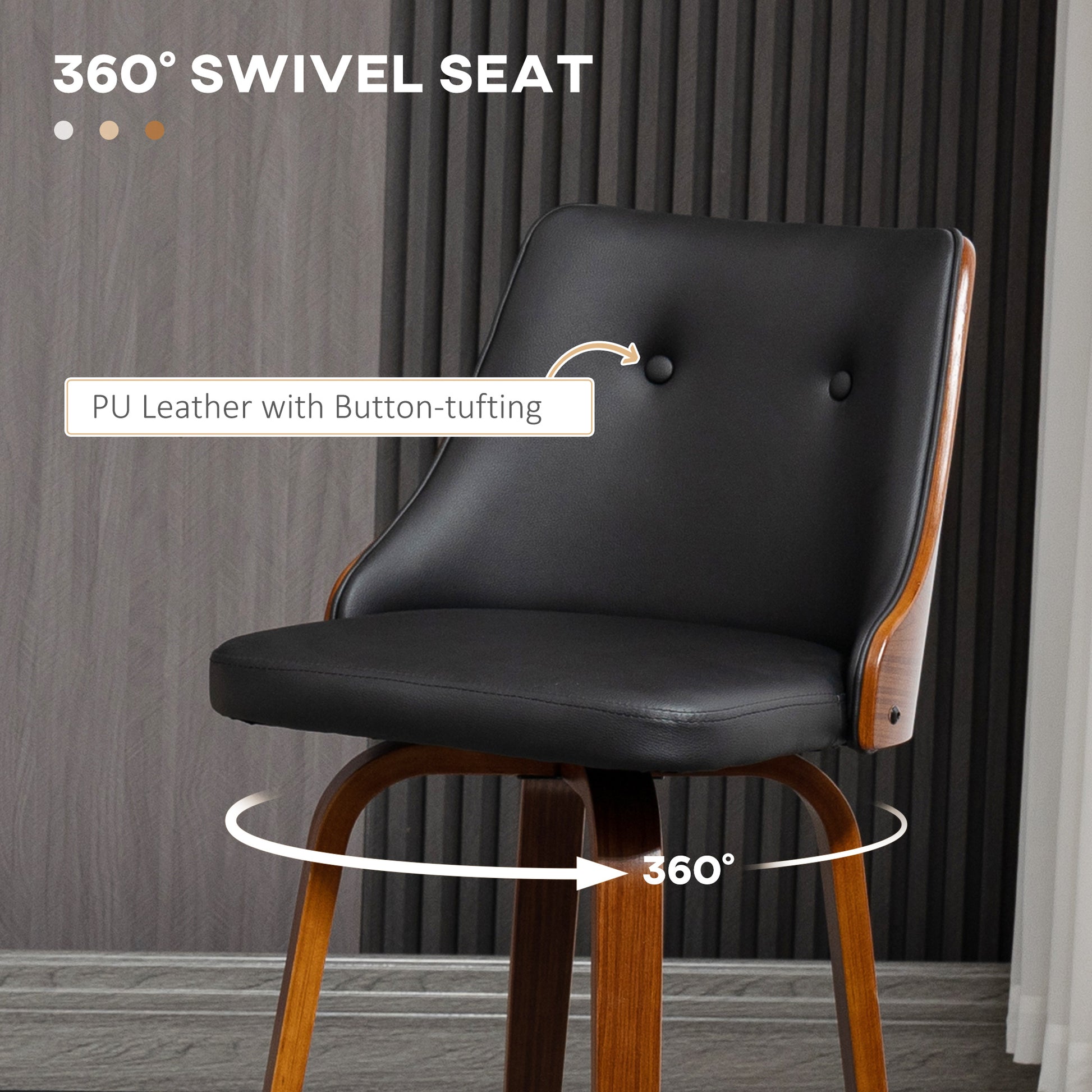 Set of 2 Swivel Bar Stools - Black PU Leather Wood Legs-DECOROLALA