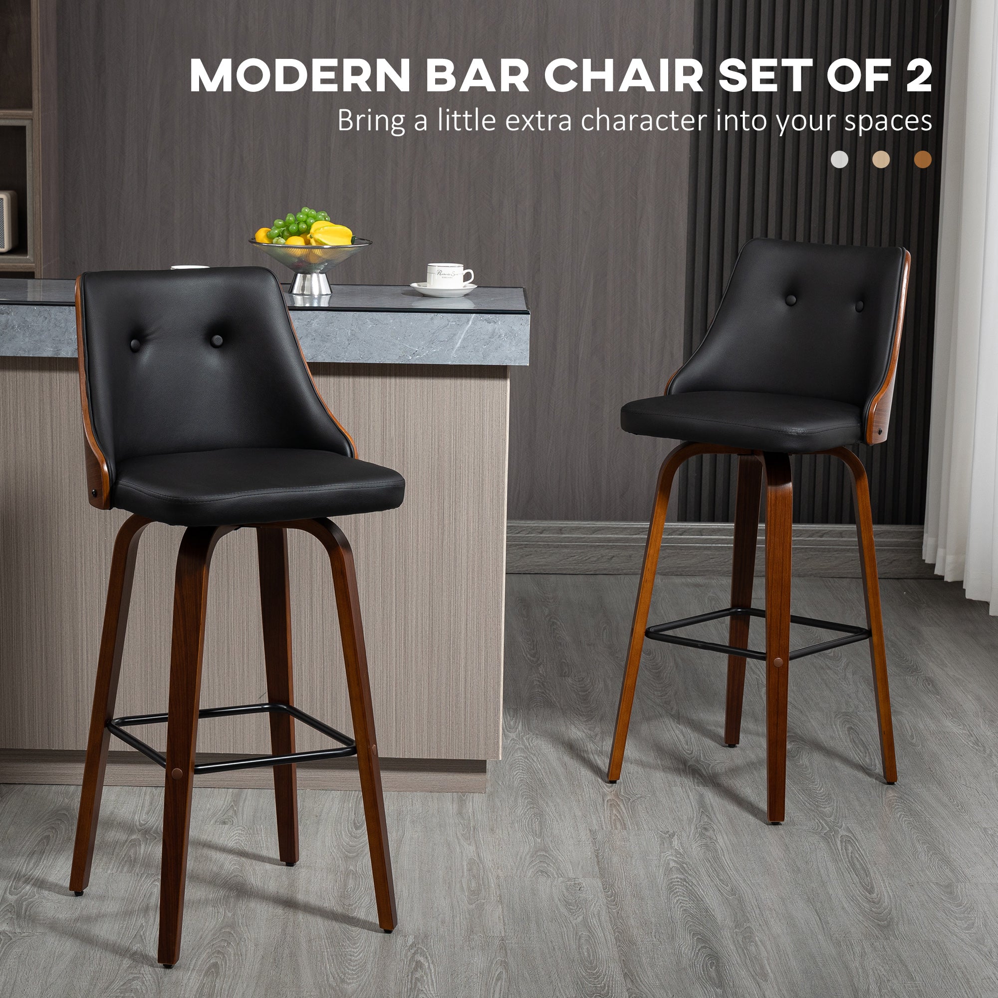 Set of 2 Swivel Bar Stools - Black PU Leather Wood Legs-DECOROLALA