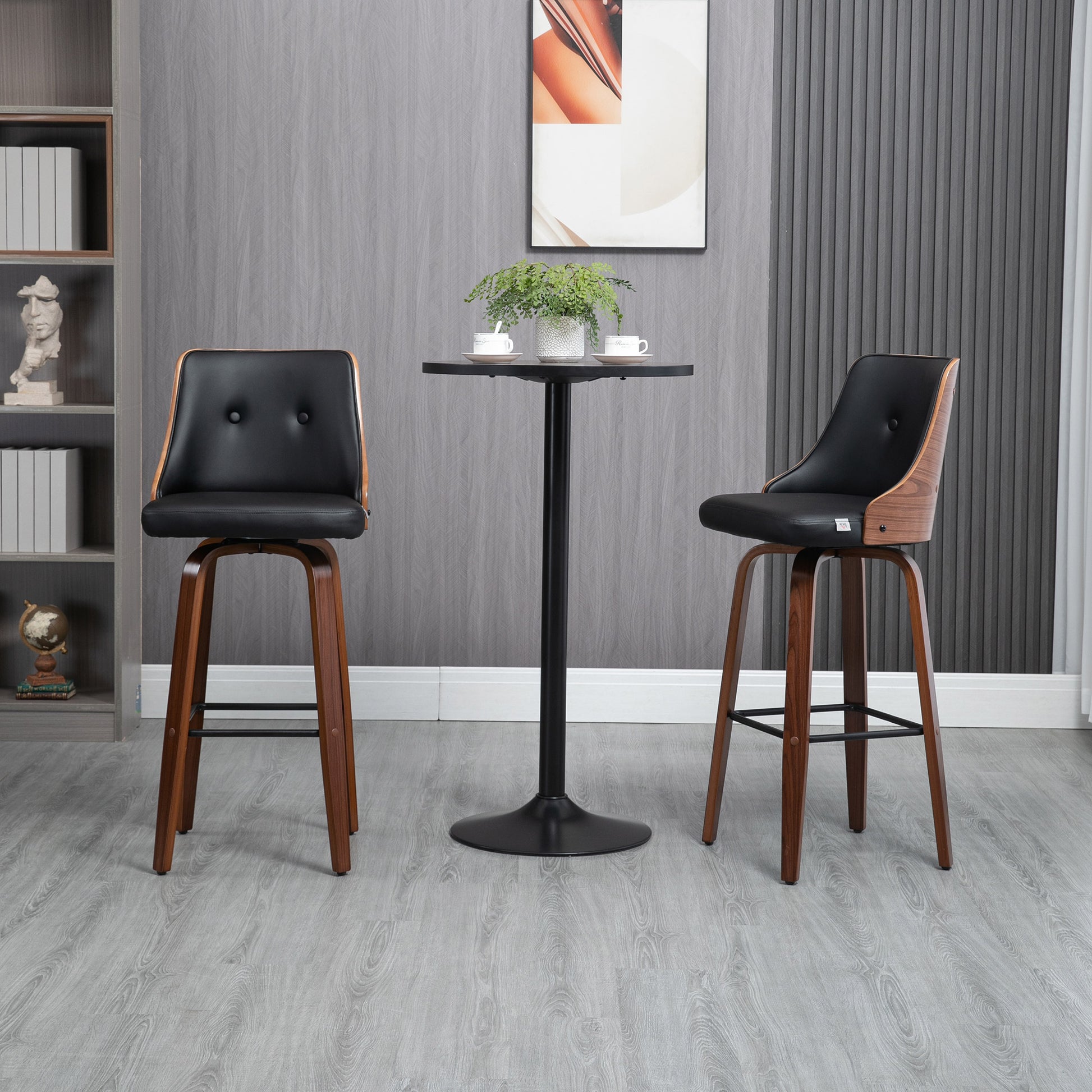 Set of 2 Swivel Bar Stools - Black PU Leather Wood Legs-DECOROLALA