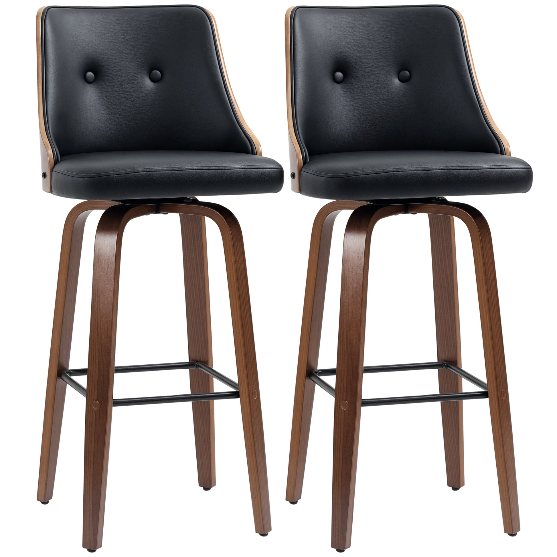 Set of 2 Swivel Bar Stools - Black PU Leather Wood Legs-DECOROLALA