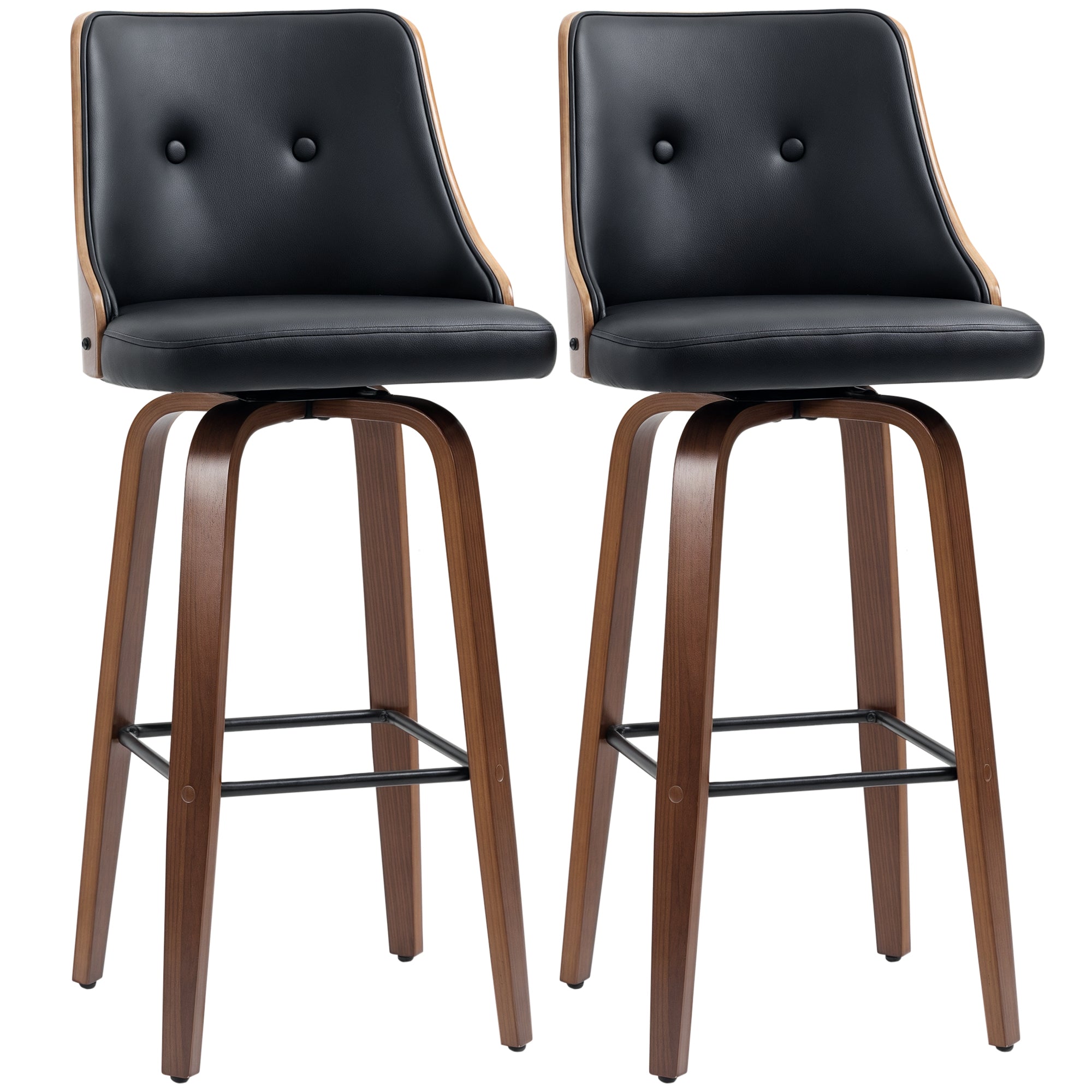 Set of 2 Swivel Bar Stools - Black PU Leather Wood Legs-DECOROLALA