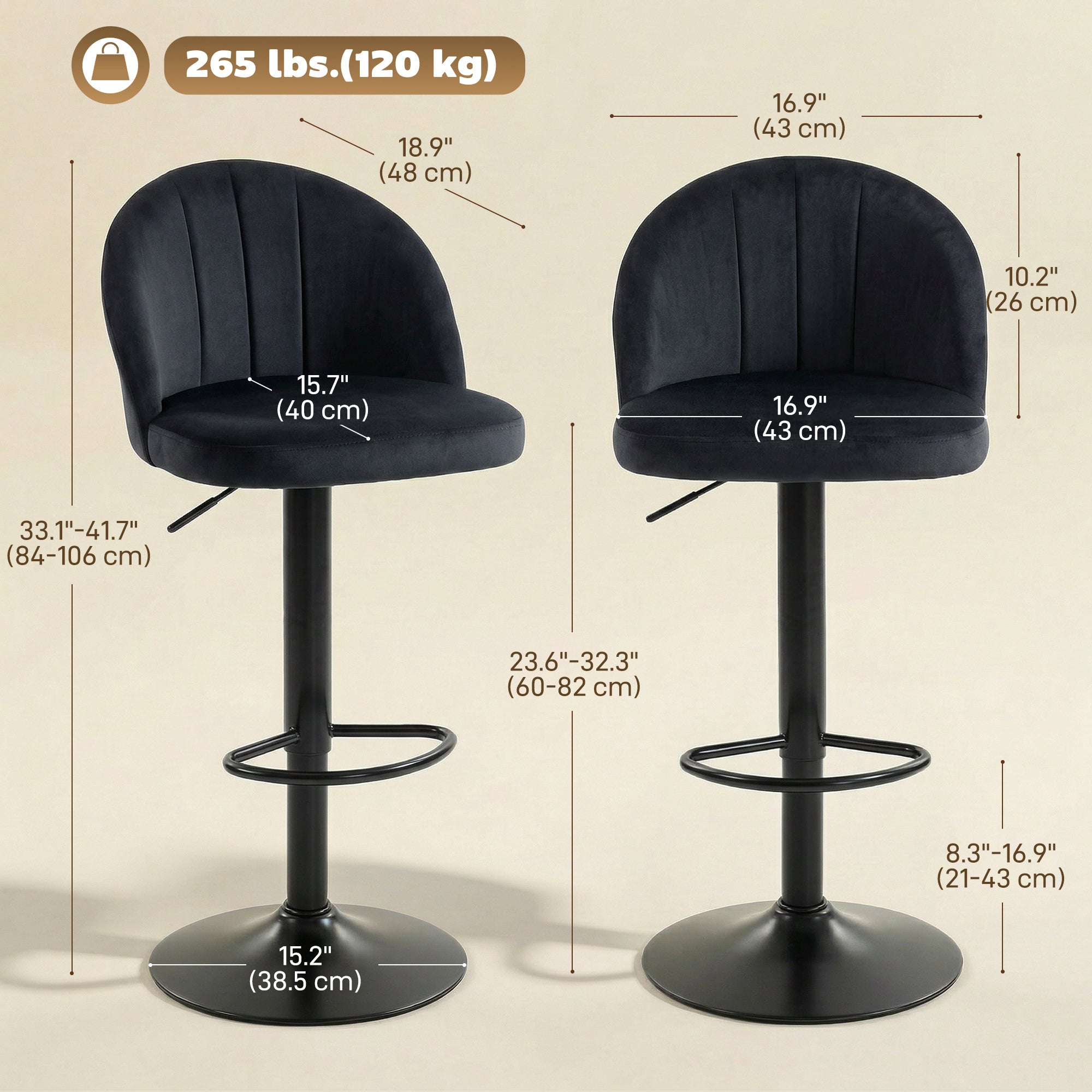 Set of 2 Swivel Bar Stools - Black Velvet Adjustable Height-Home Furnishings > Kitchen & Dining Furniture > Bar Stools-DECOROLALA