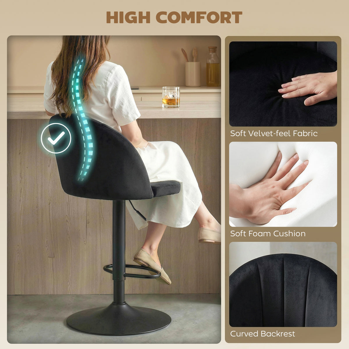 Set of 2 Swivel Bar Stools - Black Velvet Adjustable Height-Home Furnishings > Kitchen & Dining Furniture > Bar Stools-DECOROLALA