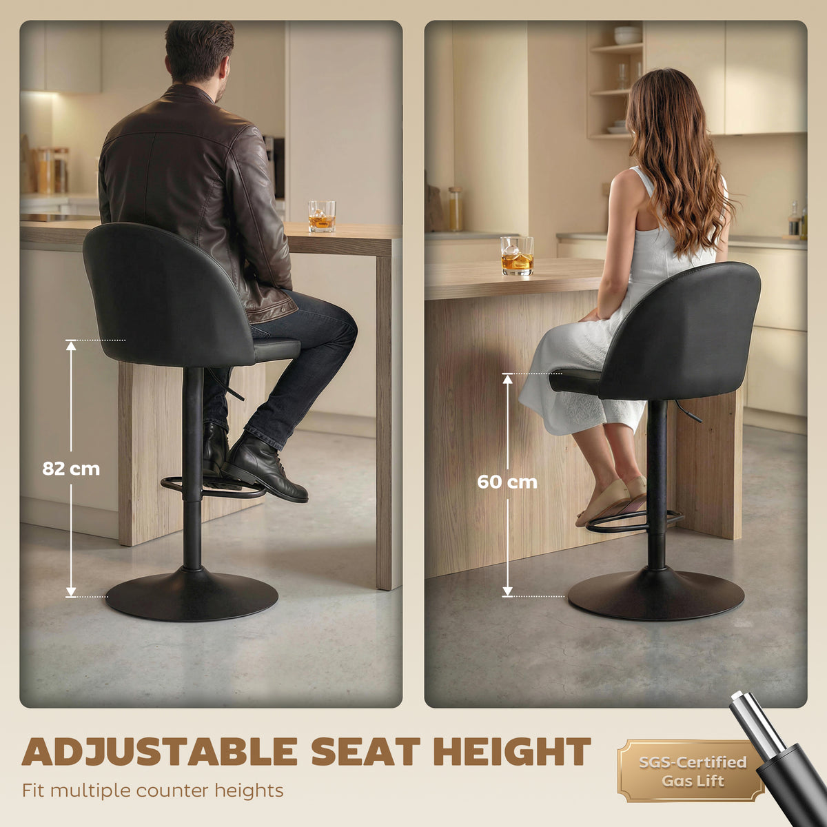 Set of 2 Swivel Bar Stools - Black Velvet Adjustable Height-Home Furnishings > Kitchen & Dining Furniture > Bar Stools-DECOROLALA