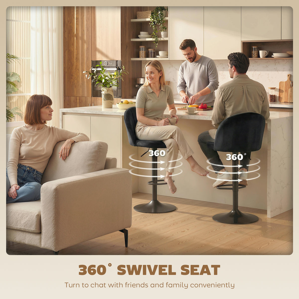 Set of 2 Swivel Bar Stools - Black Velvet Adjustable Height-Home Furnishings > Kitchen & Dining Furniture > Bar Stools-DECOROLALA