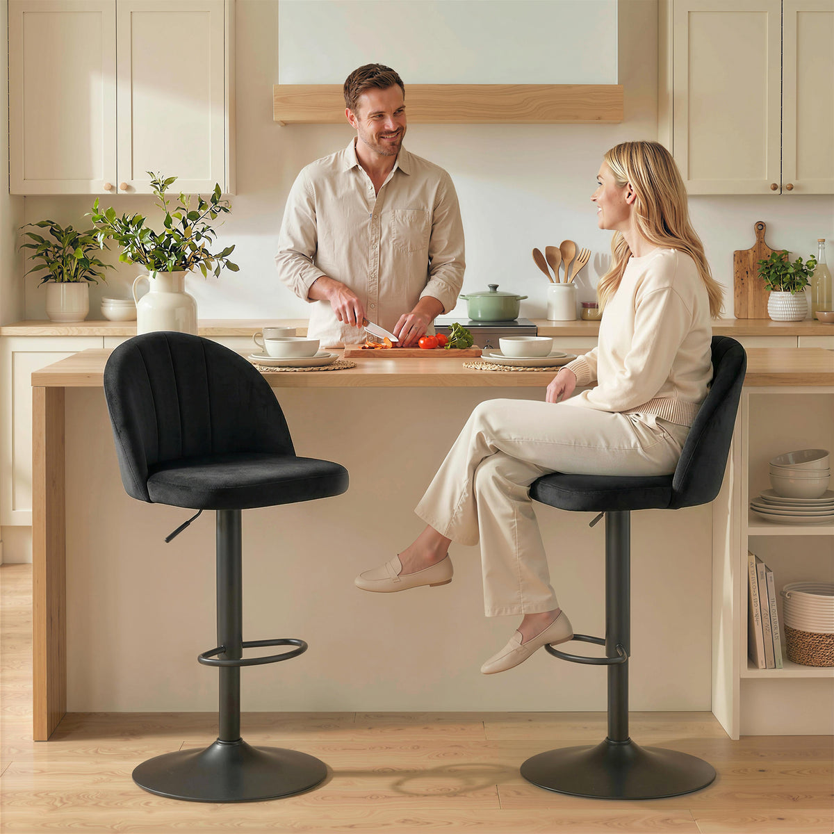Set of 2 Swivel Bar Stools - Black Velvet Adjustable Height-Home Furnishings > Kitchen & Dining Furniture > Bar Stools-DECOROLALA