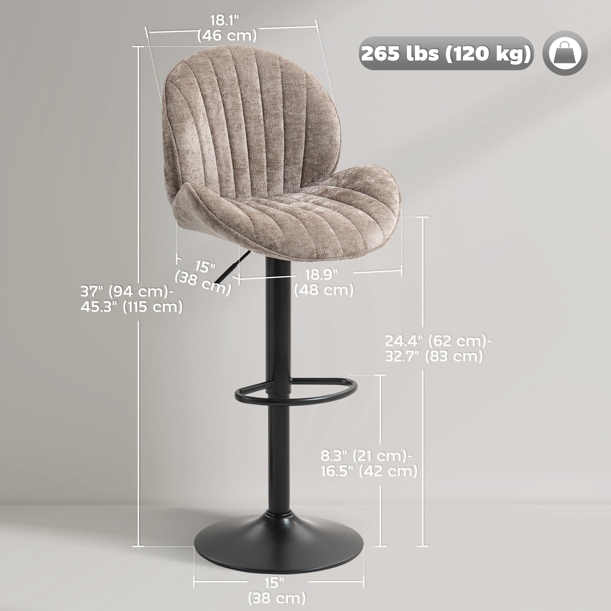 Set of 2 Swivel Bar Stools - Brown Chenille Adjustable Height-Home Furnishings > Kitchen & Dining Furniture > Bar Stools-DECOROLALA
