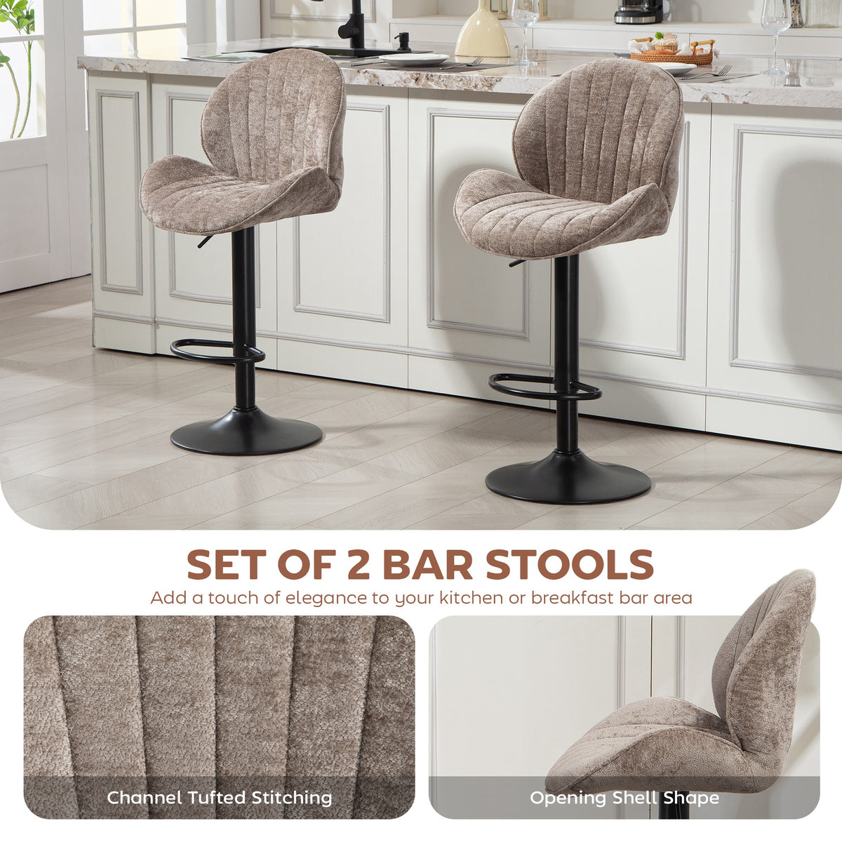 Set of 2 Swivel Bar Stools - Brown Chenille Adjustable Height-Home Furnishings > Kitchen & Dining Furniture > Bar Stools-DECOROLALA