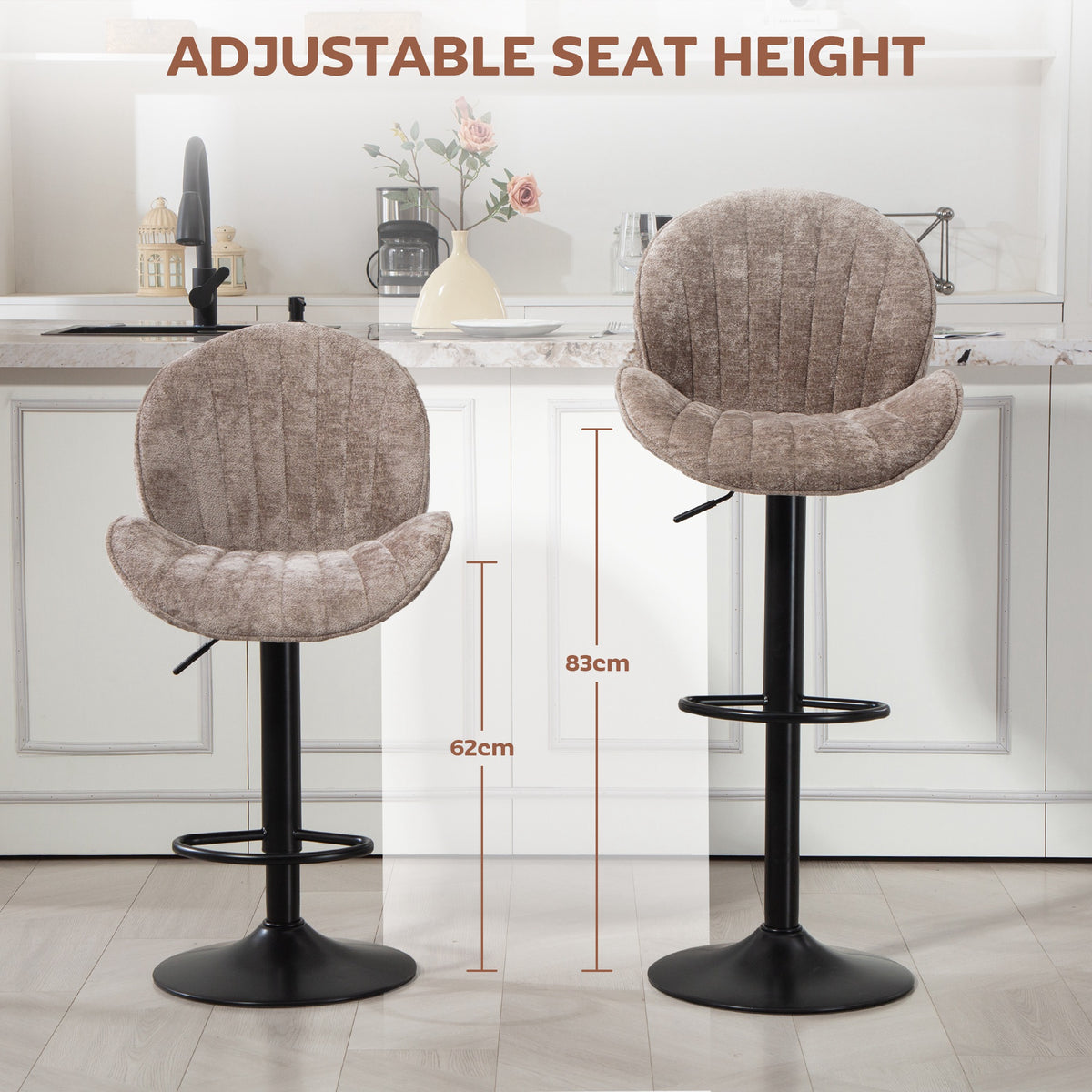 Set of 2 Swivel Bar Stools - Brown Chenille Adjustable Height-Home Furnishings > Kitchen & Dining Furniture > Bar Stools-DECOROLALA