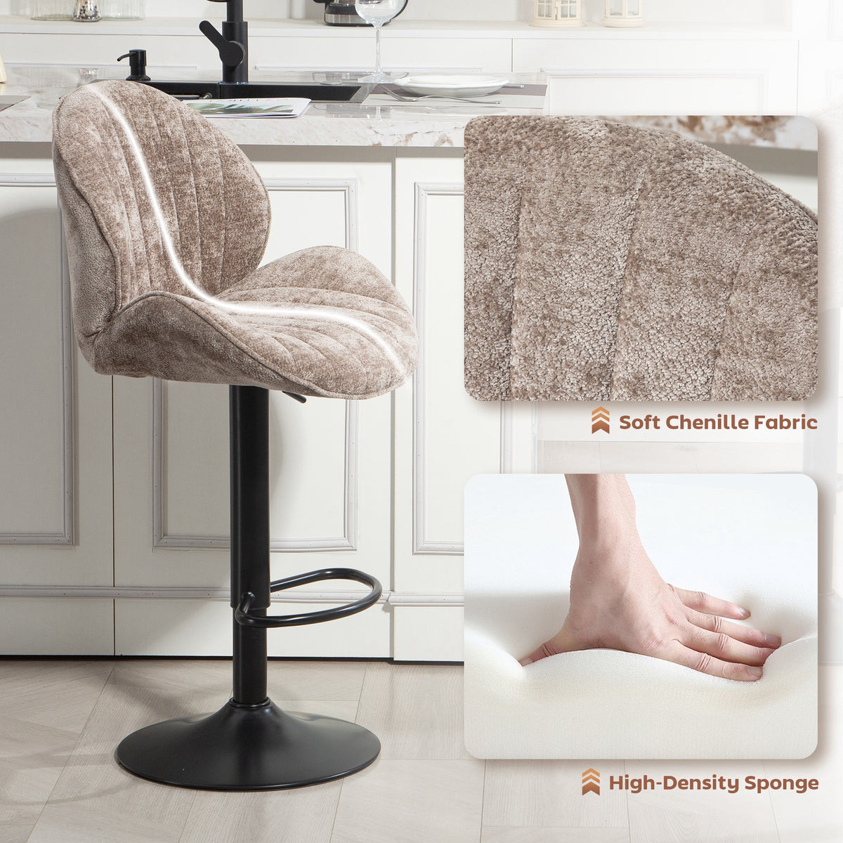 Set of 2 Swivel Bar Stools - Brown Chenille Adjustable Height-Home Furnishings > Kitchen & Dining Furniture > Bar Stools-DECOROLALA