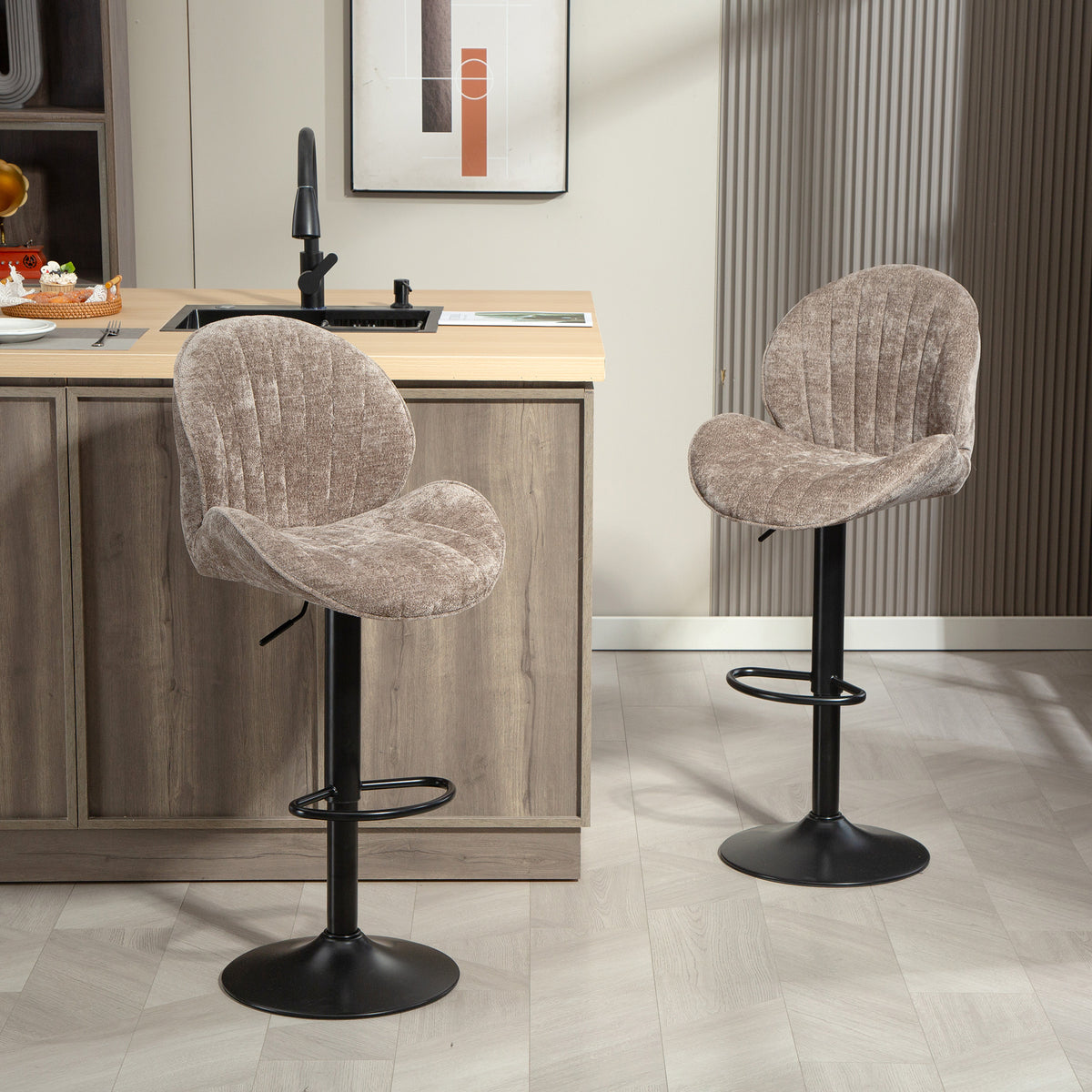 Set of 2 Swivel Bar Stools - Brown Chenille Adjustable Height-Home Furnishings > Kitchen & Dining Furniture > Bar Stools-DECOROLALA