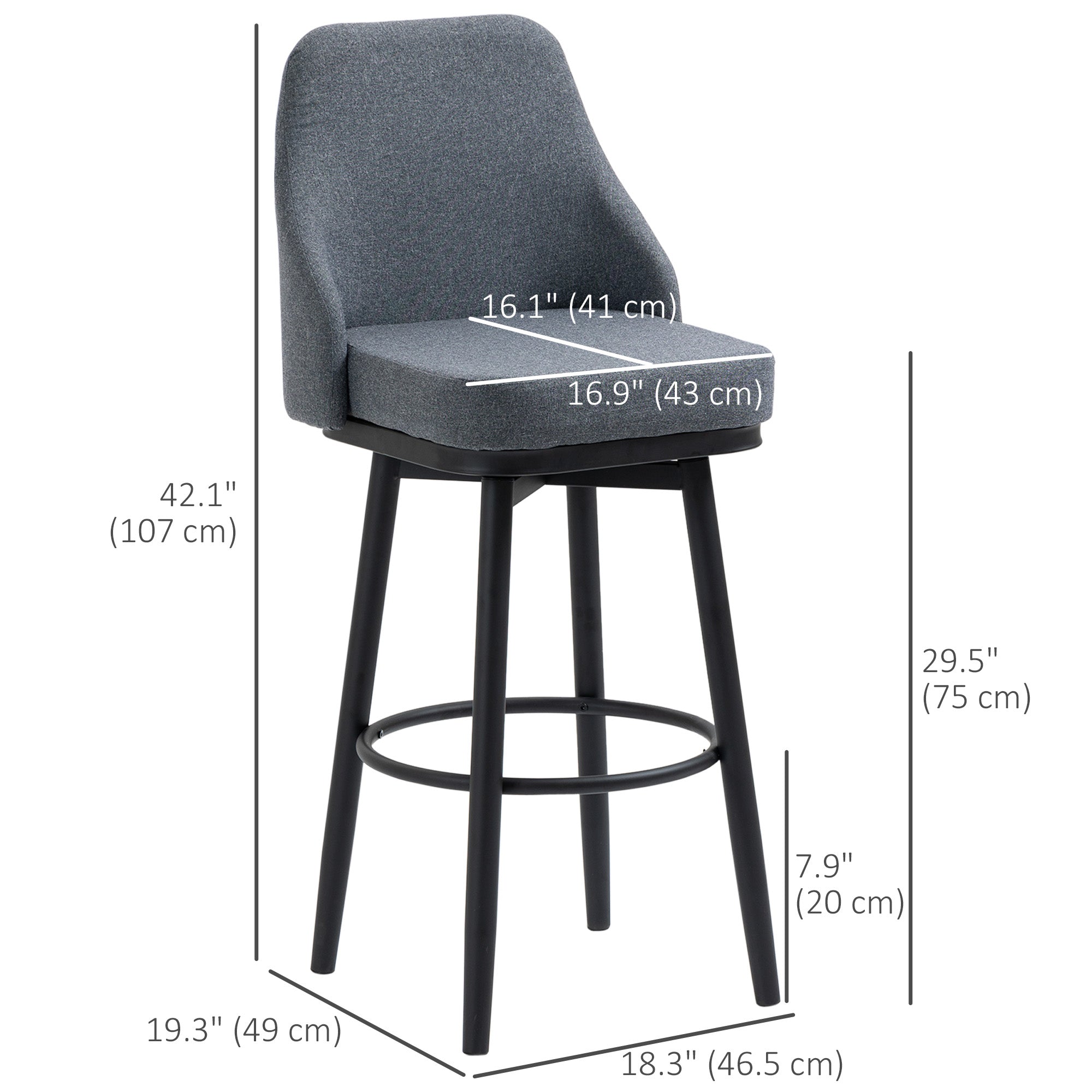 Set of 2 Swivel Bar Stools - Charcoal Grey Linen 29.5"H-DECOROLALA