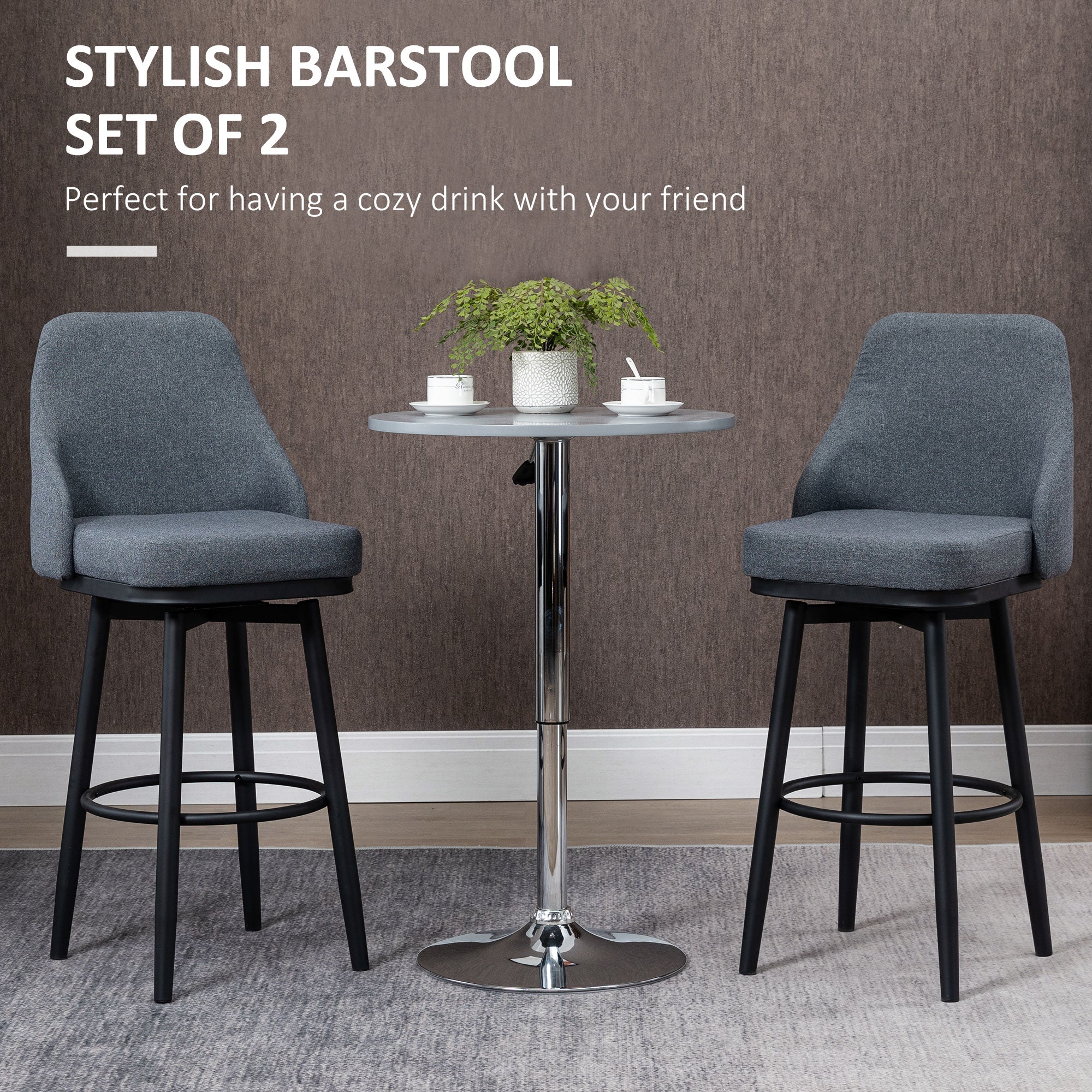 Set of 2 Swivel Bar Stools - Charcoal Grey Linen 29.5"H-DECOROLALA