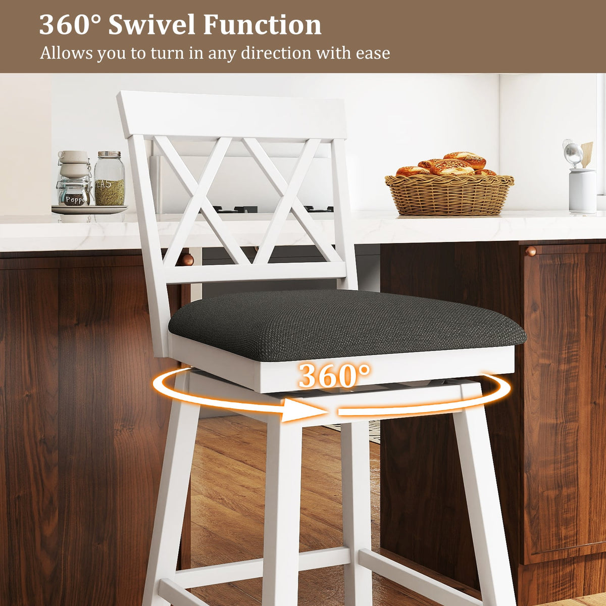 Set of 2 Swivel Bar Stools Counter Height Barstools with Backrest Upholstered Seat Cushion-29 Inches-Bar Stools-DECOROLALA