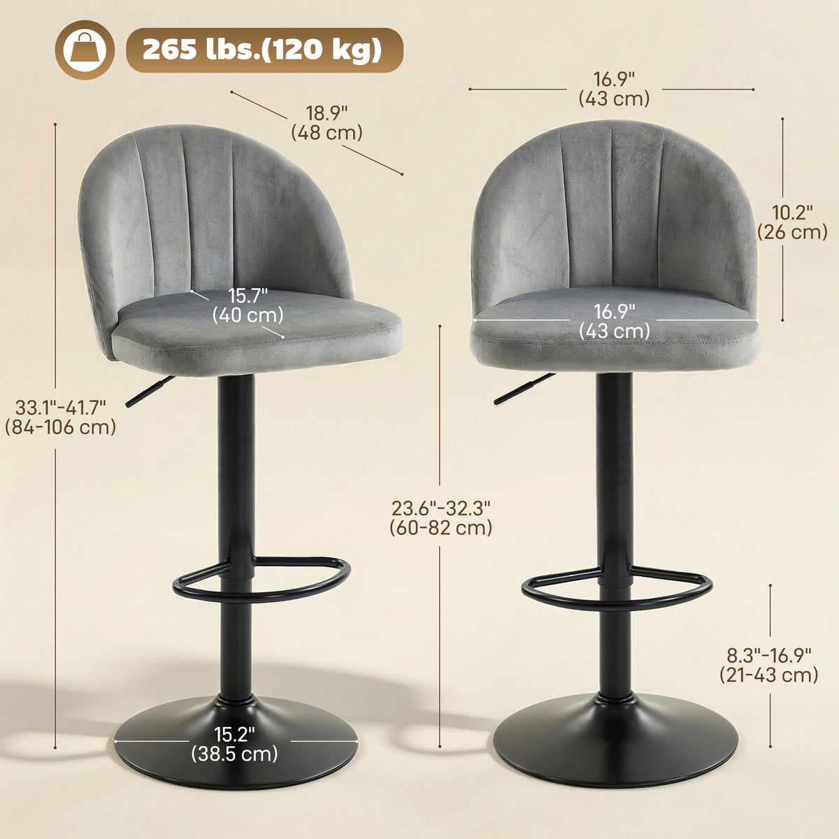 Set of 2 Swivel Bar Stools - Grey Velvet Adjustable Height-Home Furnishings > Kitchen & Dining Furniture > Bar Stools-DECOROLALA