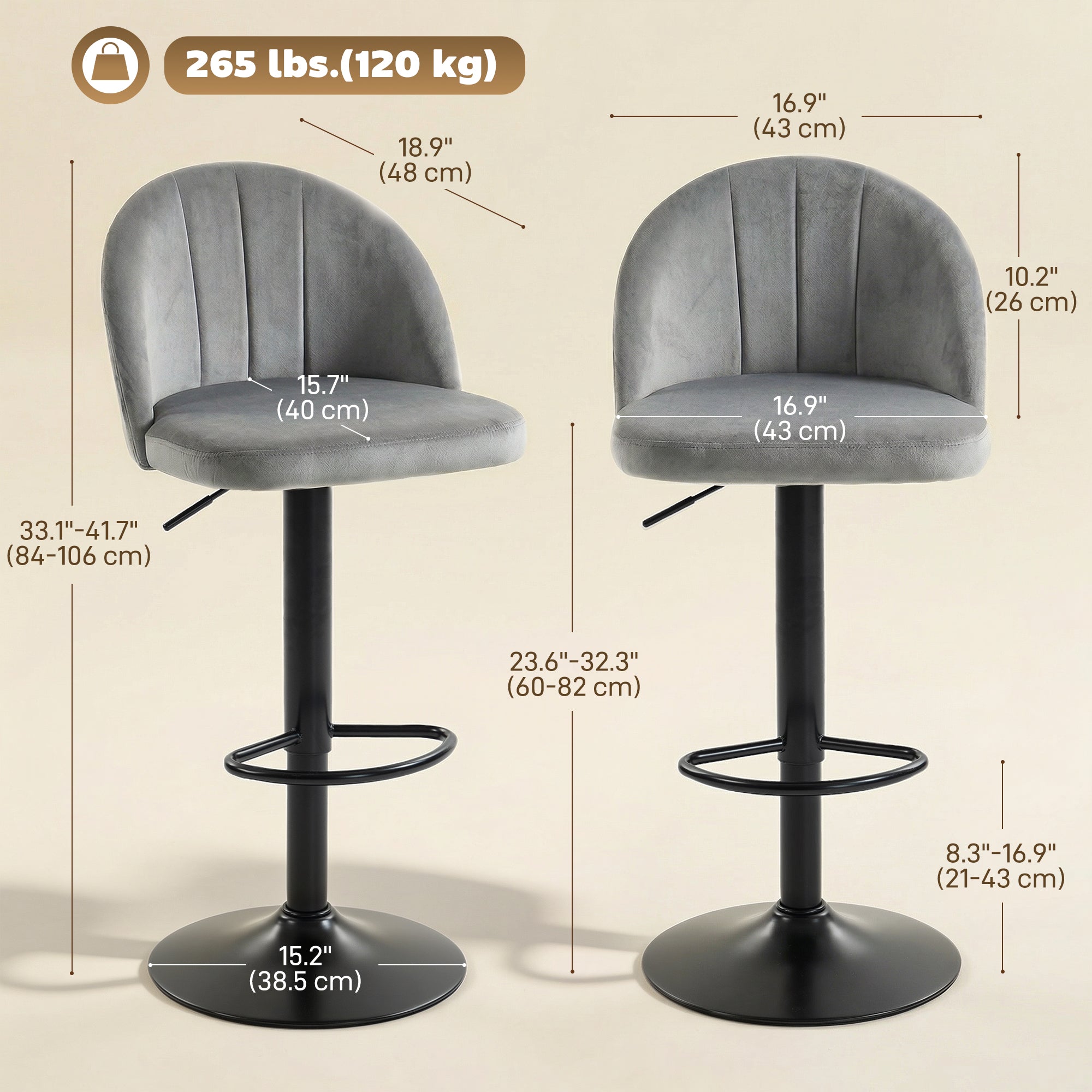 Set of 2 Swivel Bar Stools - Grey Velvet Adjustable Height-Home Furnishings > Kitchen & Dining Furniture > Bar Stools-DECOROLALA