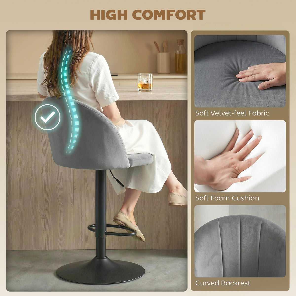 Set of 2 Swivel Bar Stools - Grey Velvet Adjustable Height-Home Furnishings > Kitchen & Dining Furniture > Bar Stools-DECOROLALA