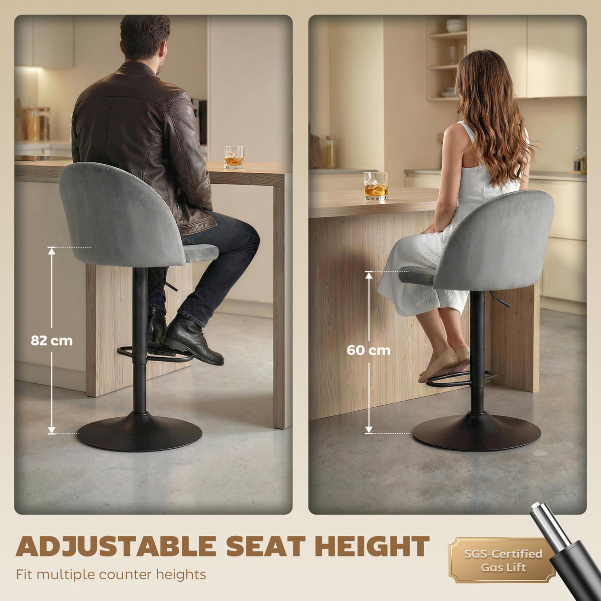 Set of 2 Swivel Bar Stools - Grey Velvet Adjustable Height-Home Furnishings > Kitchen & Dining Furniture > Bar Stools-DECOROLALA