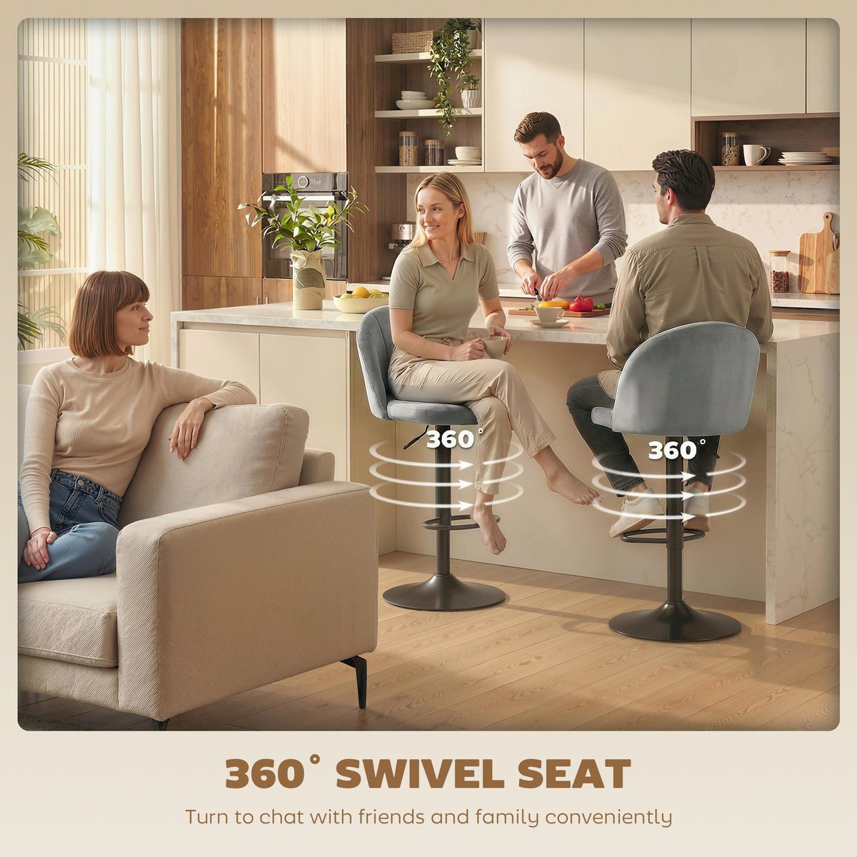 Set of 2 Swivel Bar Stools - Grey Velvet Adjustable Height-Home Furnishings > Kitchen & Dining Furniture > Bar Stools-DECOROLALA