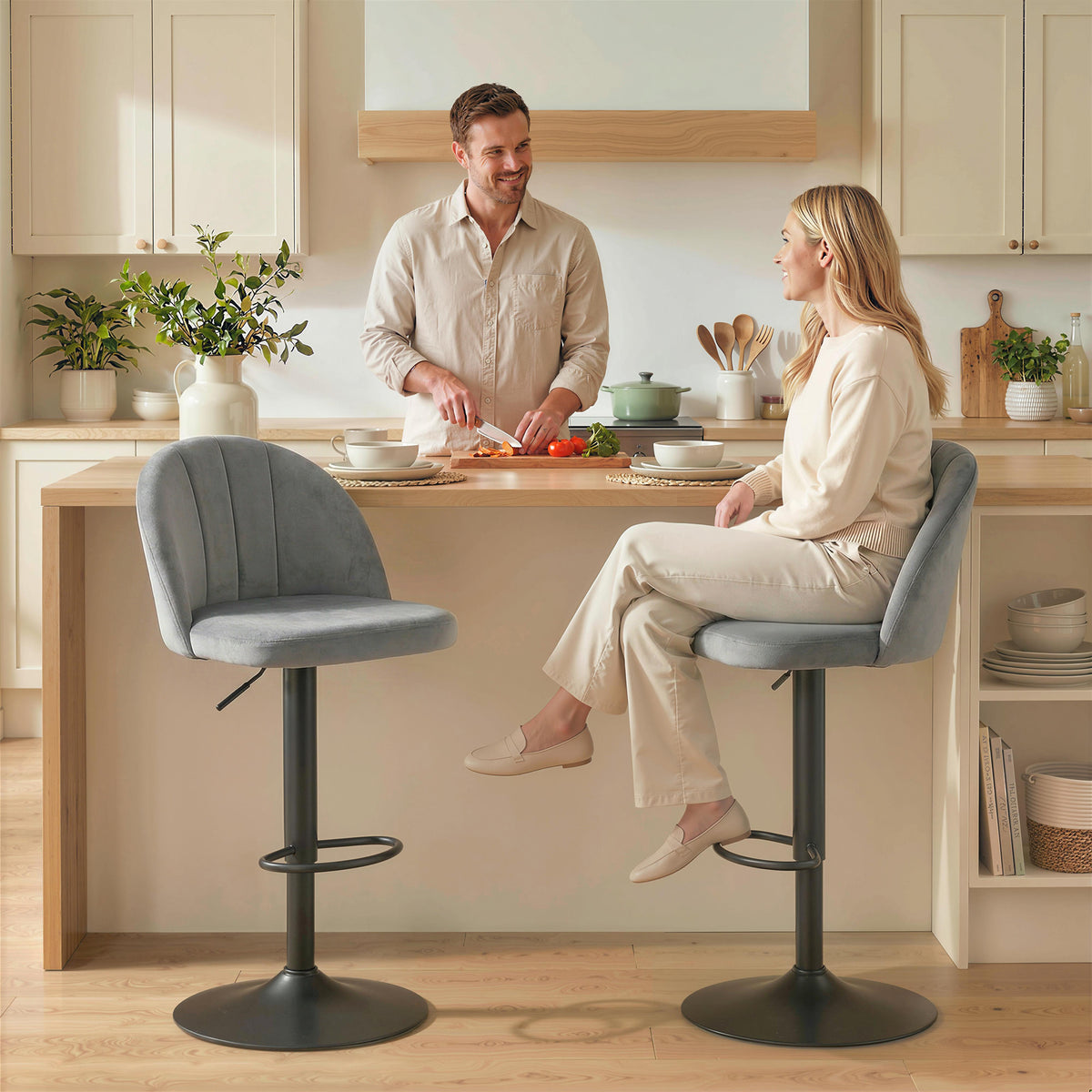 Set of 2 Swivel Bar Stools - Grey Velvet Adjustable Height-Home Furnishings > Kitchen & Dining Furniture > Bar Stools-DECOROLALA