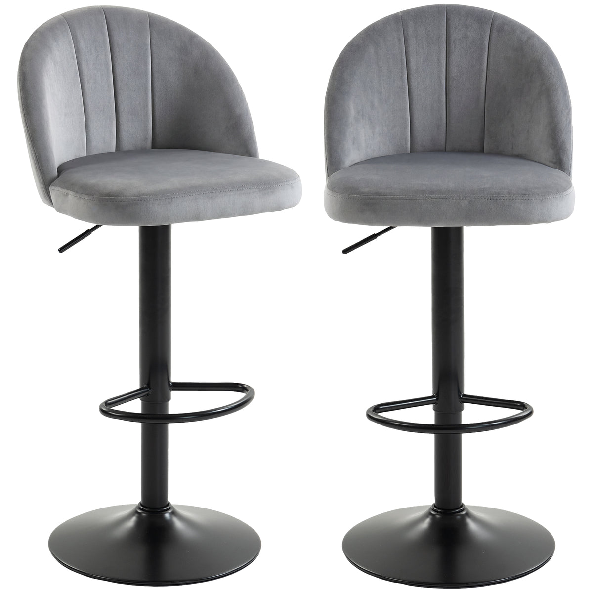 Set of 2 Swivel Bar Stools - Grey Velvet Adjustable Height-Home Furnishings > Kitchen & Dining Furniture > Bar Stools-DECOROLALA