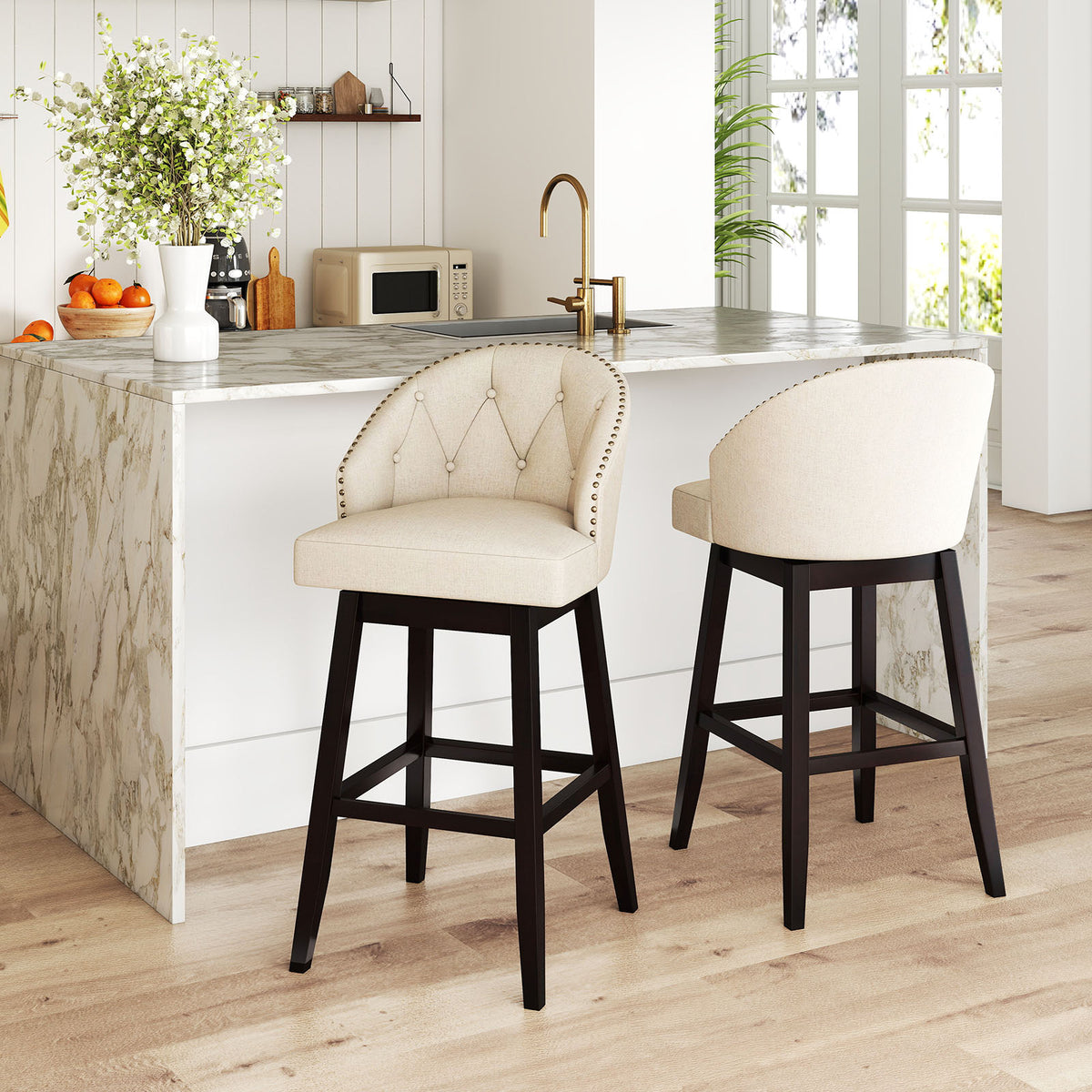 Set of 2 Swivel Bar Stools Tufted Bar Height Pub Chairs with Rubber Wood Legs-Beige-Bar Stools-DECOROLALA