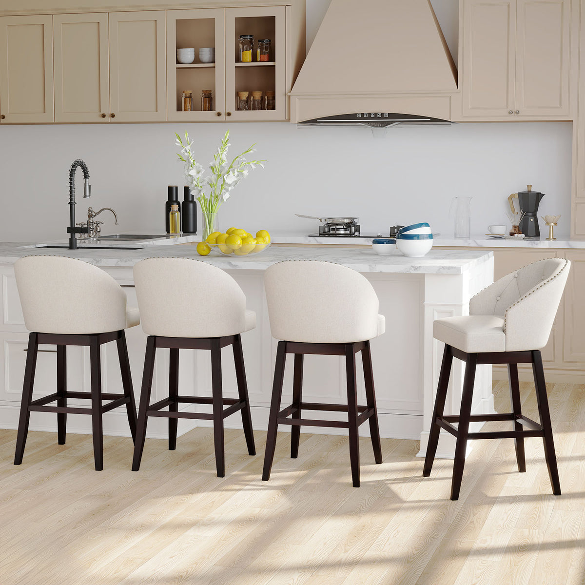 Set of 2 Swivel Bar Stools Tufted Bar Height Pub Chairs with Rubber Wood Legs-Beige-Bar Stools-DECOROLALA