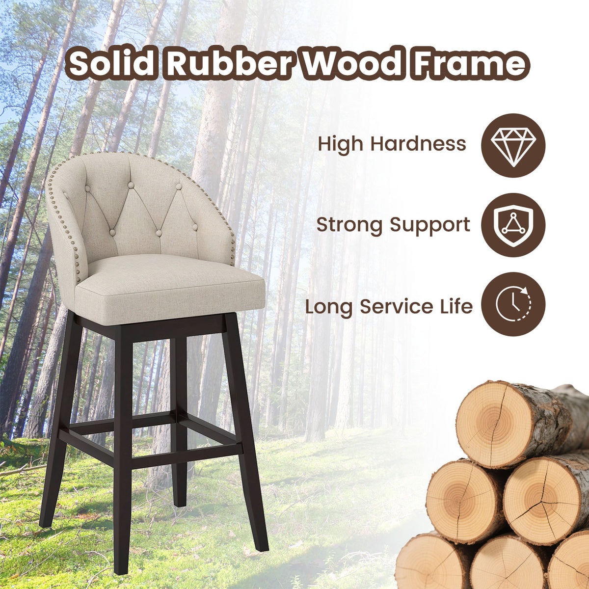 Set of 2 Swivel Bar Stools Tufted Bar Height Pub Chairs with Rubber Wood Legs-Beige-Bar Stools-DECOROLALA