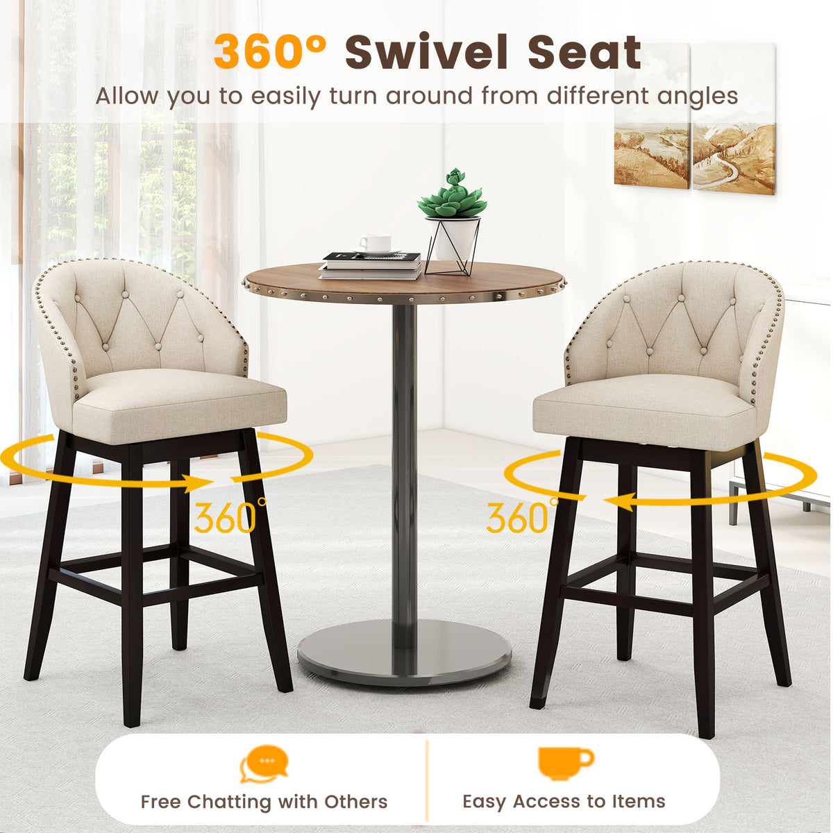 Set of 2 Swivel Bar Stools Tufted Bar Height Pub Chairs with Rubber Wood Legs-Beige-Bar Stools-DECOROLALA