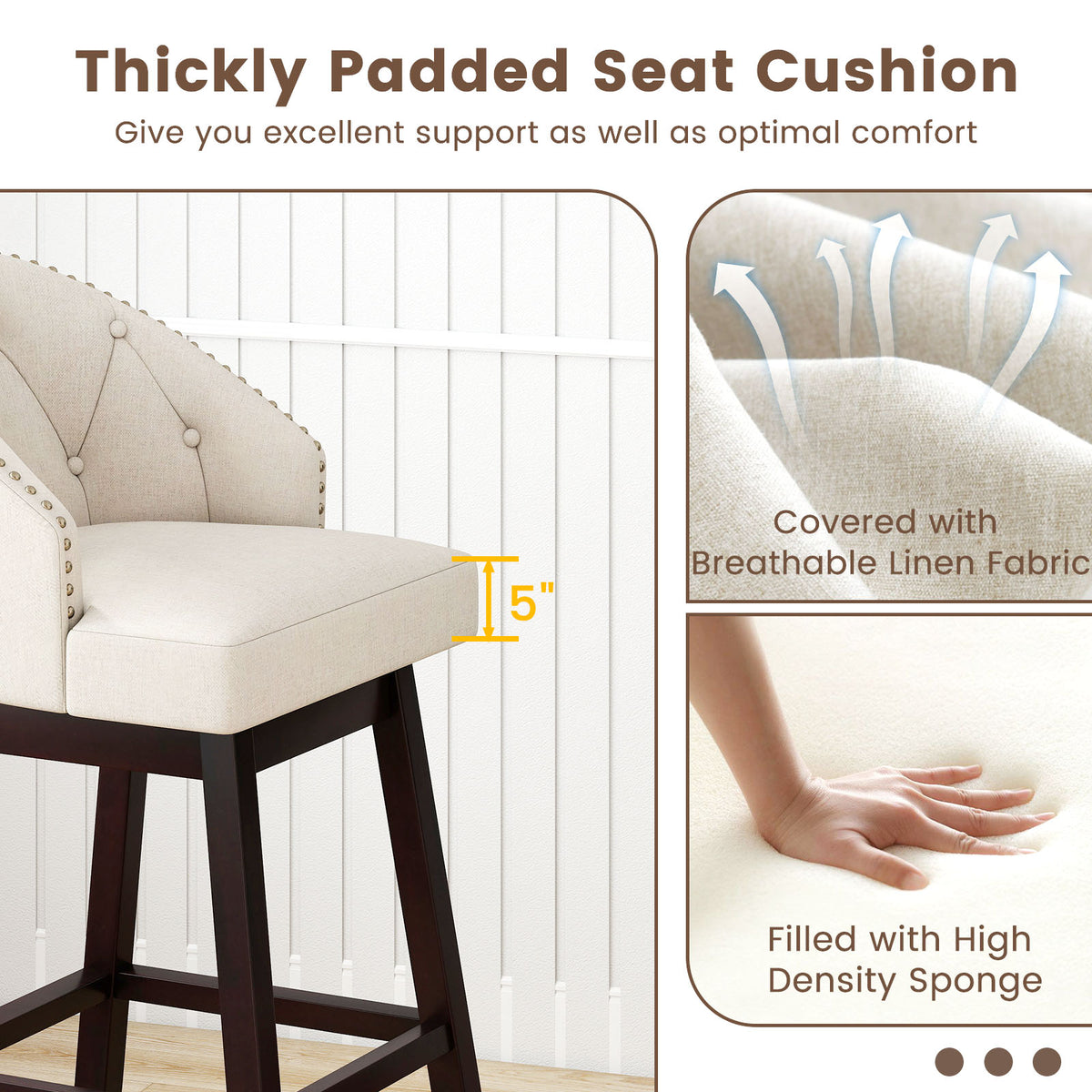 Set of 2 Swivel Bar Stools Tufted Bar Height Pub Chairs with Rubber Wood Legs-Beige-Bar Stools-DECOROLALA