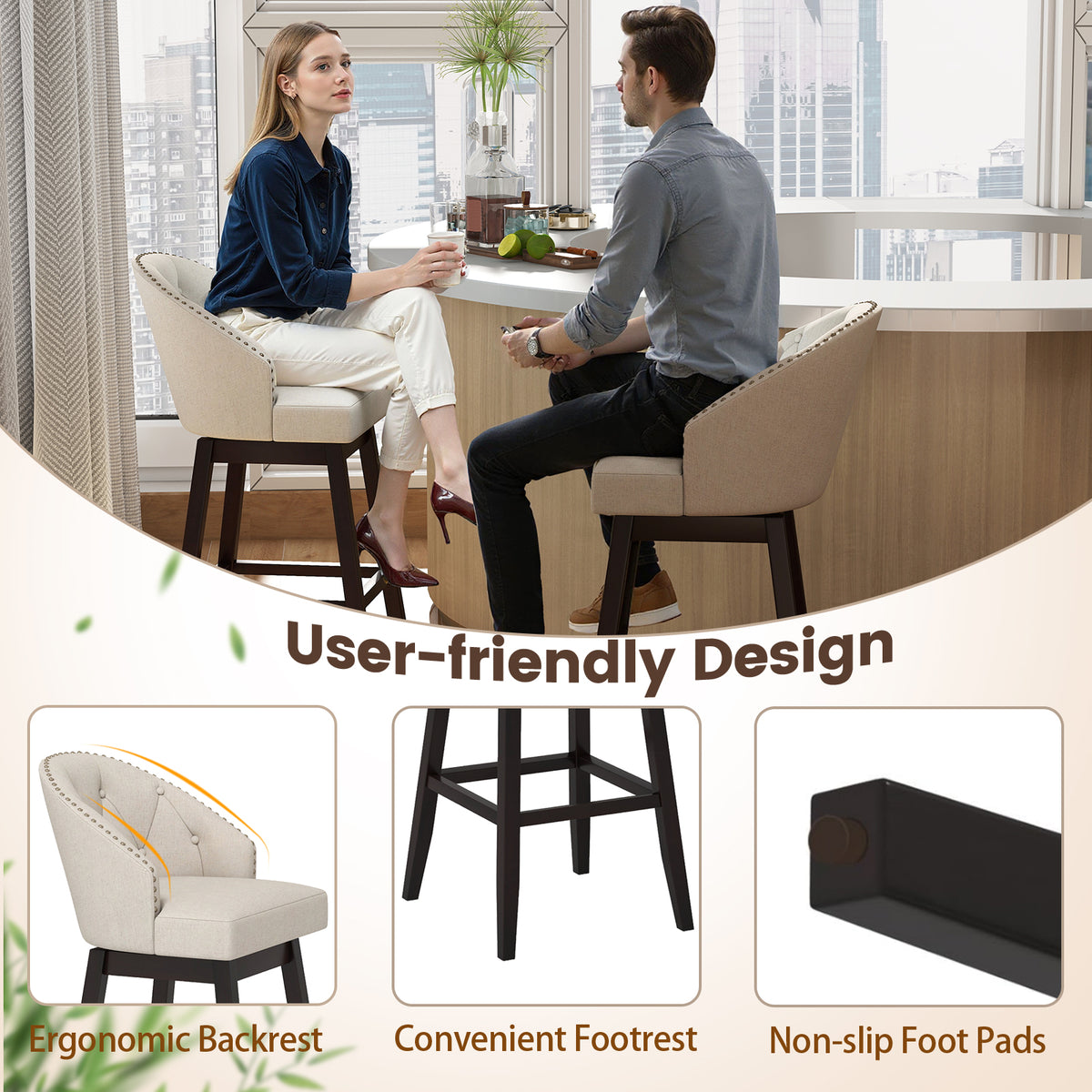 Set of 2 Swivel Bar Stools Tufted Bar Height Pub Chairs with Rubber Wood Legs-Beige-Bar Stools-DECOROLALA