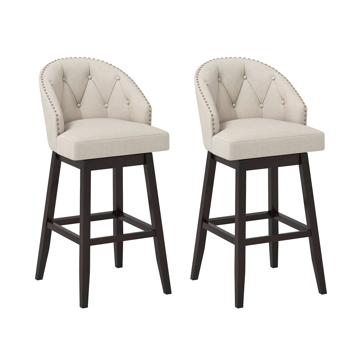 Set of 2 Swivel Bar Stools Tufted Bar Height Pub Chairs with Rubber Wood Legs-Beige-Bar Stools-DECOROLALA