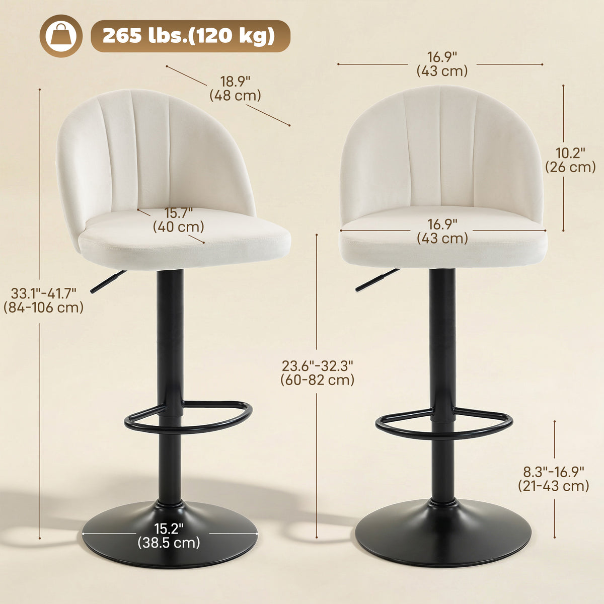 Set of 2 Swivel Bar Stools - Velvet Cream White Adjustable-Home Furnishings > Kitchen & Dining Furniture > Bar Stools-DECOROLALA