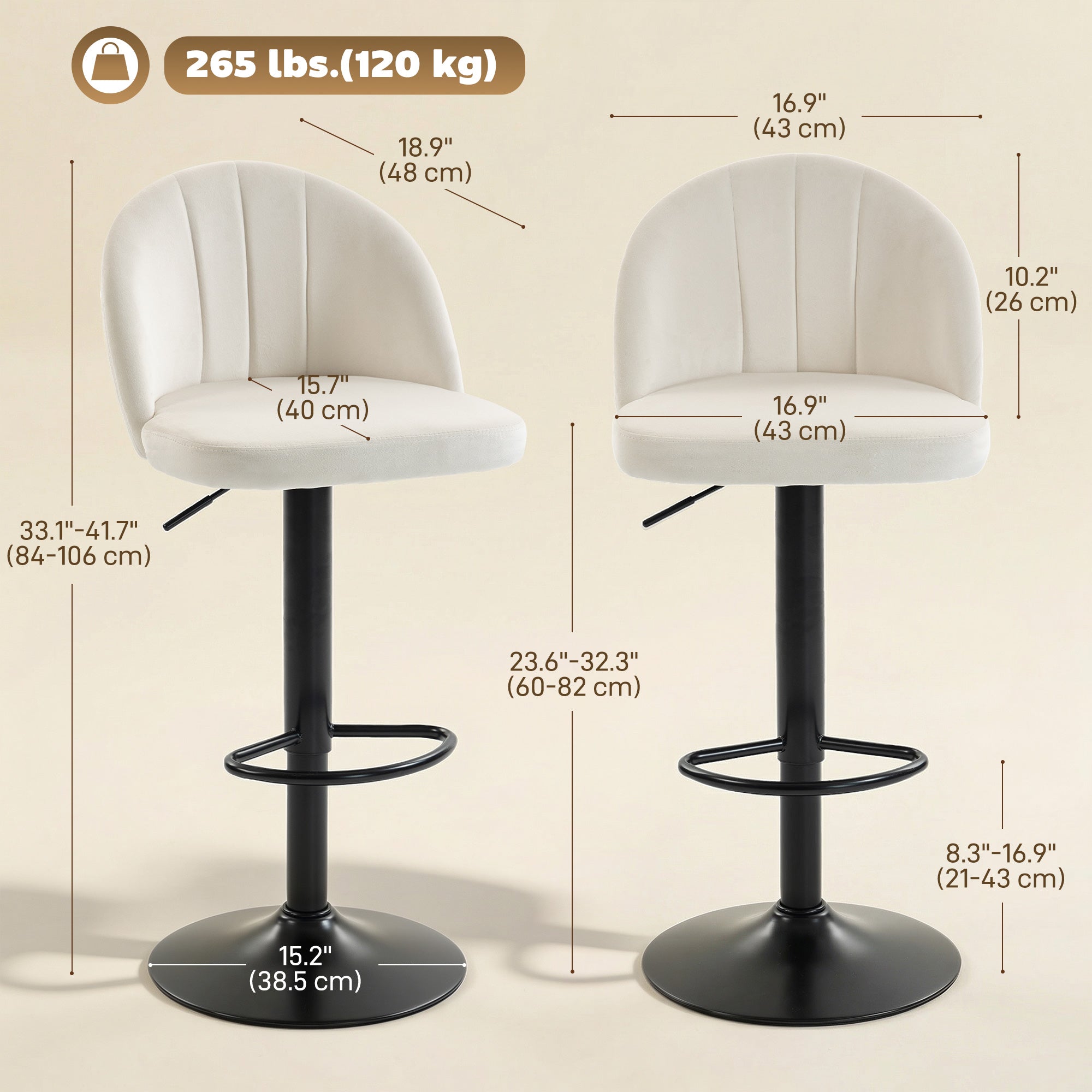 Set of 2 Swivel Bar Stools - Velvet Cream White Adjustable-Home Furnishings > Kitchen & Dining Furniture > Bar Stools-DECOROLALA