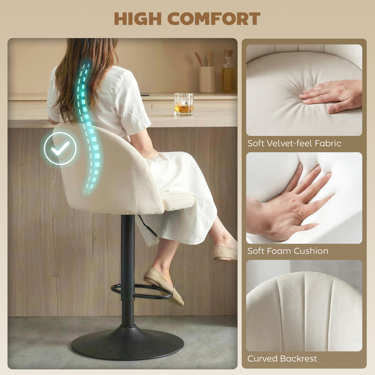 Set of 2 Swivel Bar Stools - Velvet Cream White Adjustable-Home Furnishings > Kitchen & Dining Furniture > Bar Stools-DECOROLALA