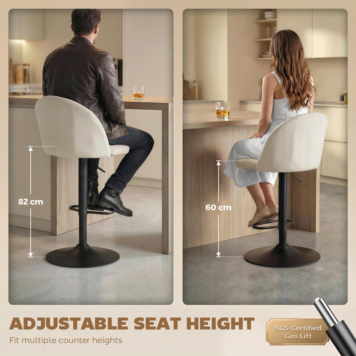 Set of 2 Swivel Bar Stools - Velvet Cream White Adjustable-Home Furnishings > Kitchen & Dining Furniture > Bar Stools-DECOROLALA