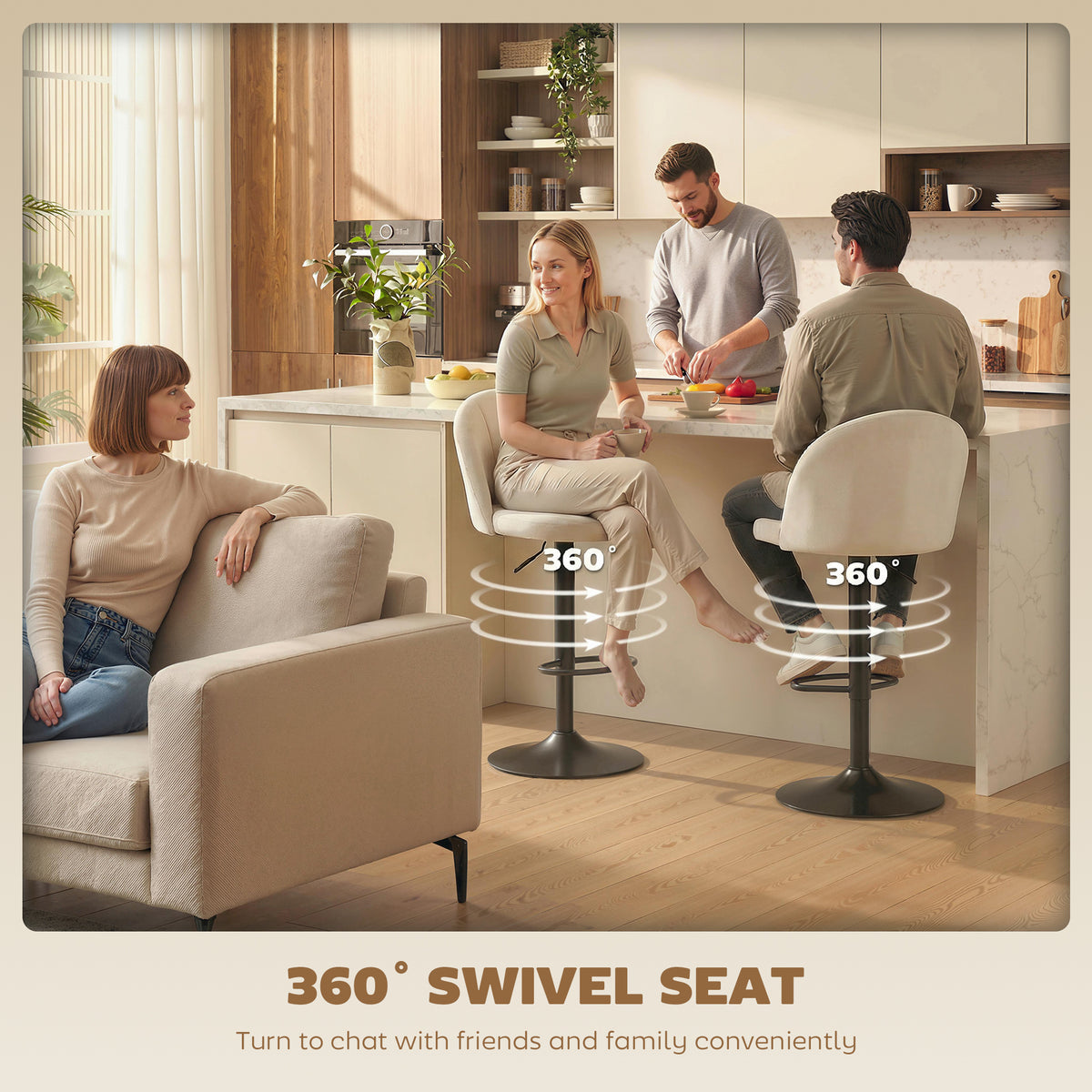 Set of 2 Swivel Bar Stools - Velvet Cream White Adjustable-Home Furnishings > Kitchen & Dining Furniture > Bar Stools-DECOROLALA