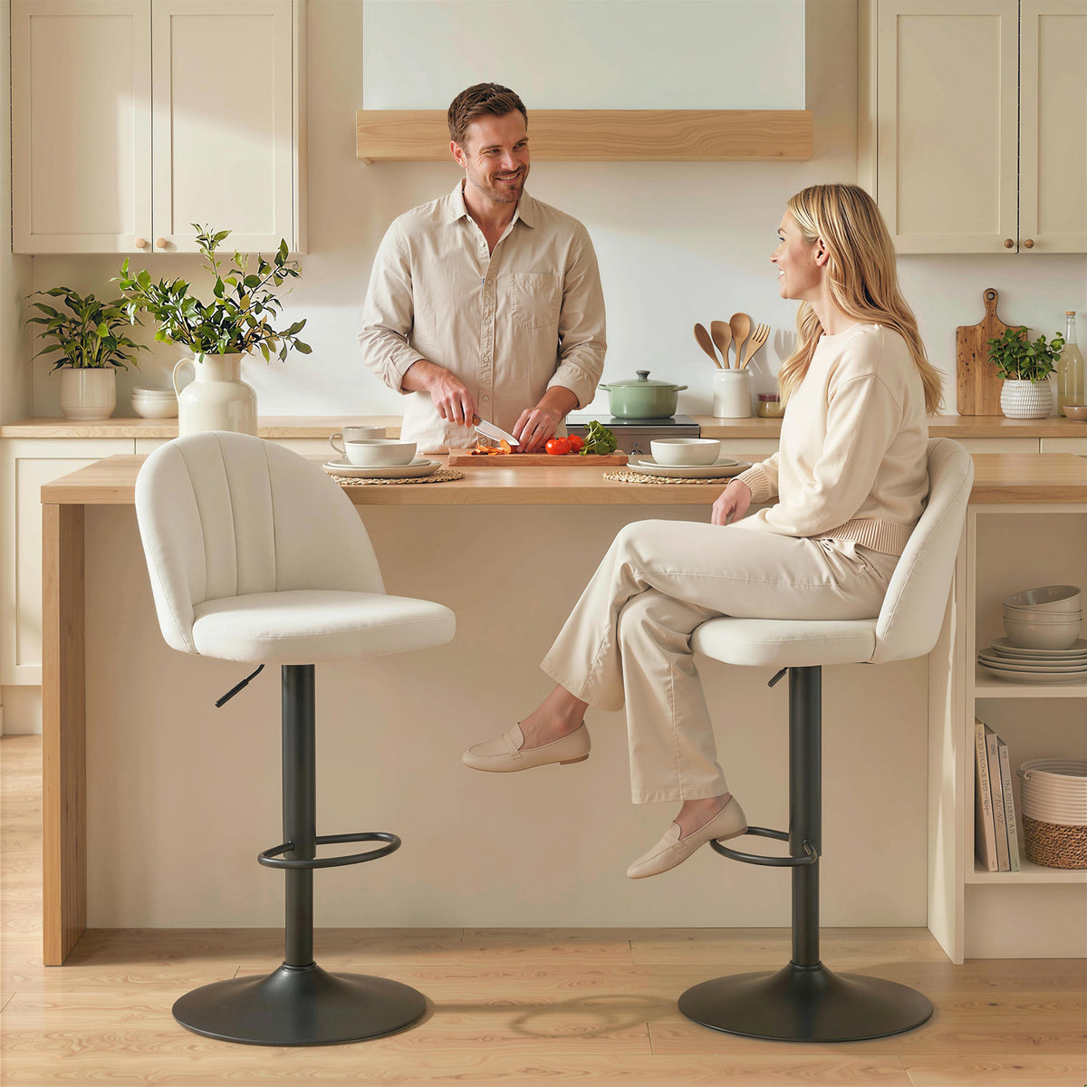 Set of 2 Swivel Bar Stools - Velvet Cream White Adjustable-Home Furnishings > Kitchen & Dining Furniture > Bar Stools-DECOROLALA