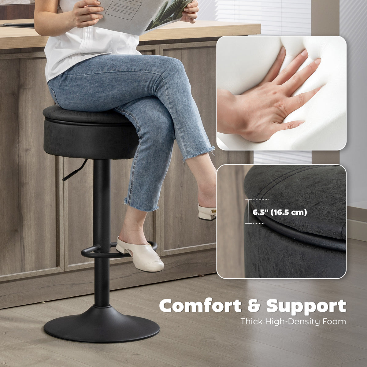 Set of 2 Swivel Bar Stools with Storage - Black PU Leather-Home Furnishings > Kitchen & Dining Furniture > Bar Stools-DECOROLALA