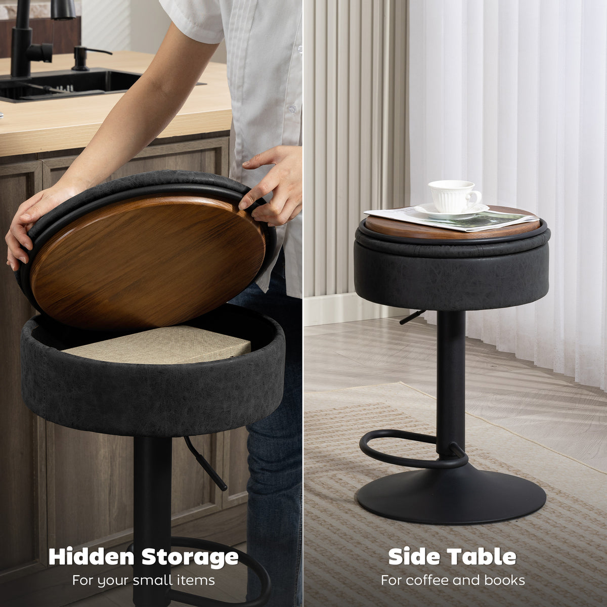 Set of 2 Swivel Bar Stools with Storage - Black PU Leather-Home Furnishings > Kitchen & Dining Furniture > Bar Stools-DECOROLALA