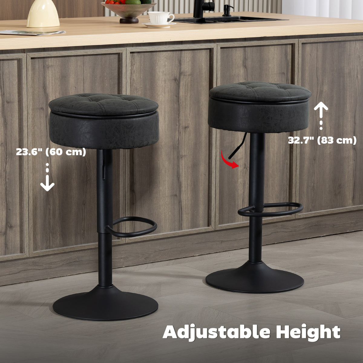 Set of 2 Swivel Bar Stools with Storage - Black PU Leather-Home Furnishings > Kitchen & Dining Furniture > Bar Stools-DECOROLALA