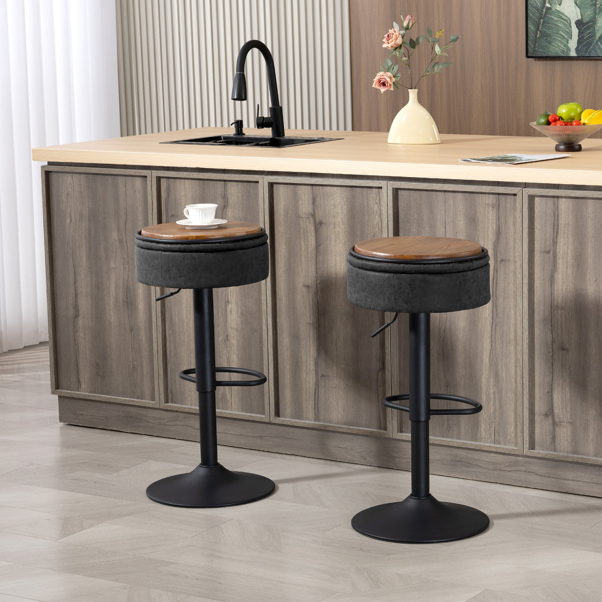 Set of 2 Swivel Bar Stools with Storage - Black PU Leather-Home Furnishings > Kitchen & Dining Furniture > Bar Stools-DECOROLALA