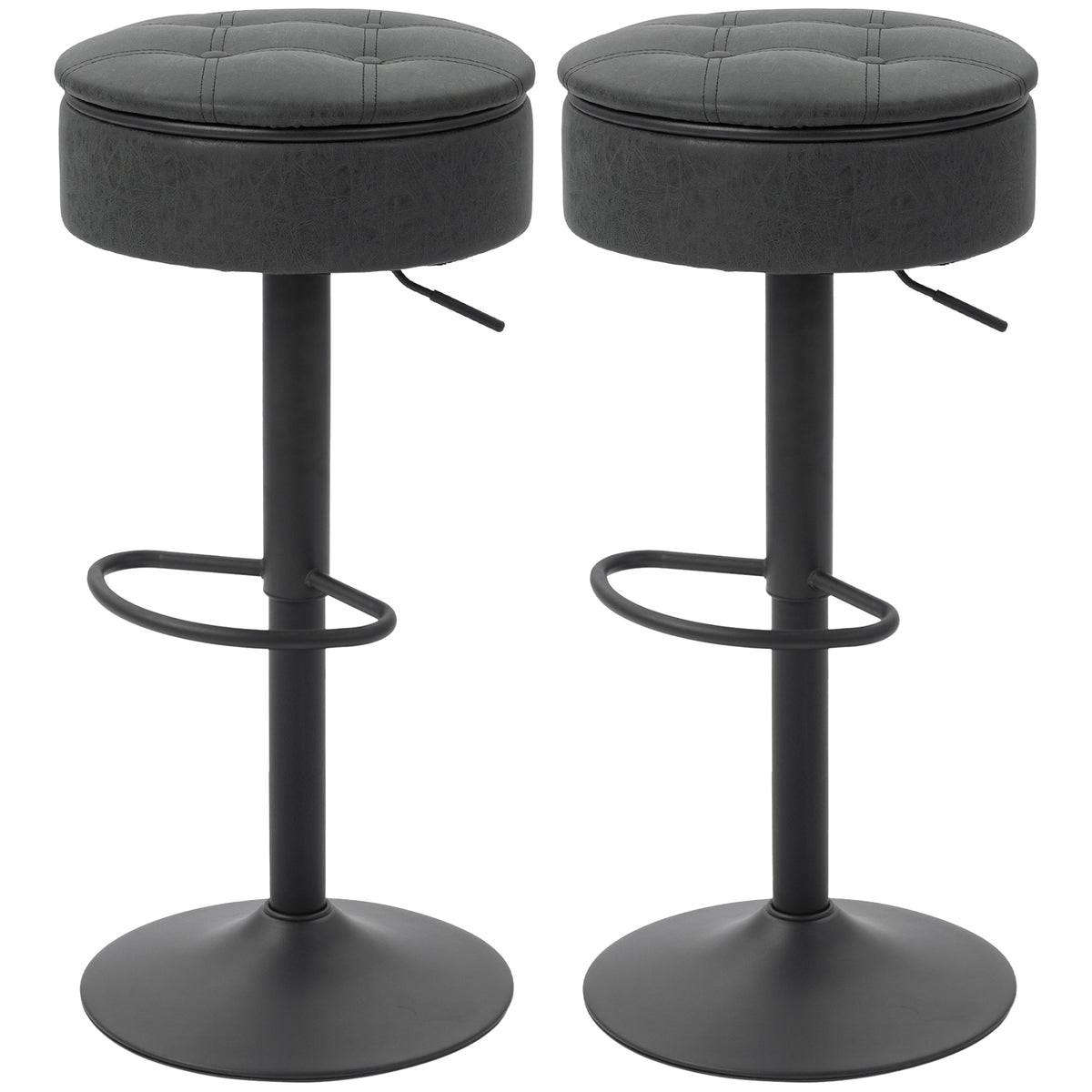 Set of 2 Swivel Bar Stools with Storage - Black PU Leather-Home Furnishings > Kitchen & Dining Furniture > Bar Stools-DECOROLALA