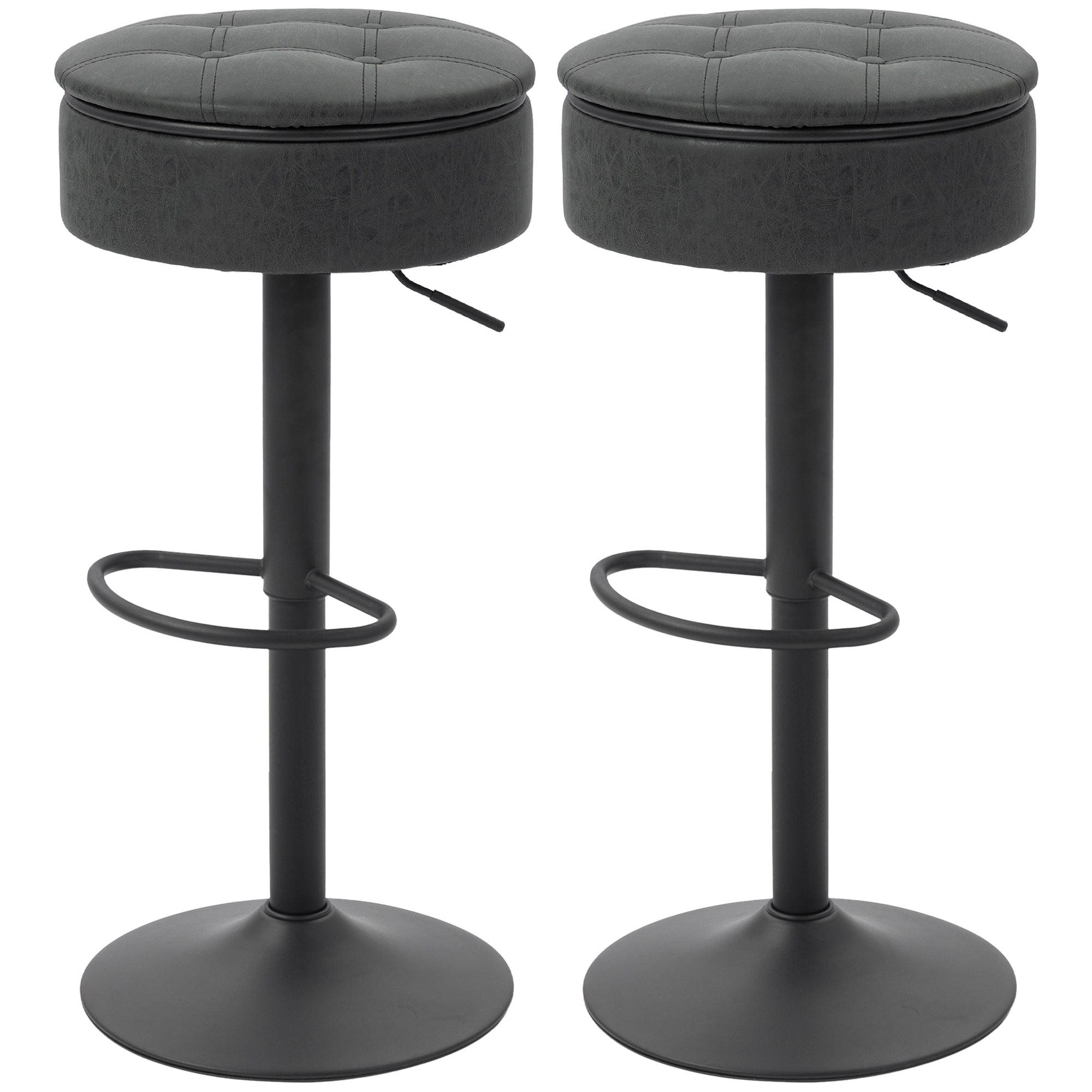 Set of 2 Swivel Bar Stools with Storage - Black PU Leather-Home Furnishings > Kitchen & Dining Furniture > Bar Stools-DECOROLALA